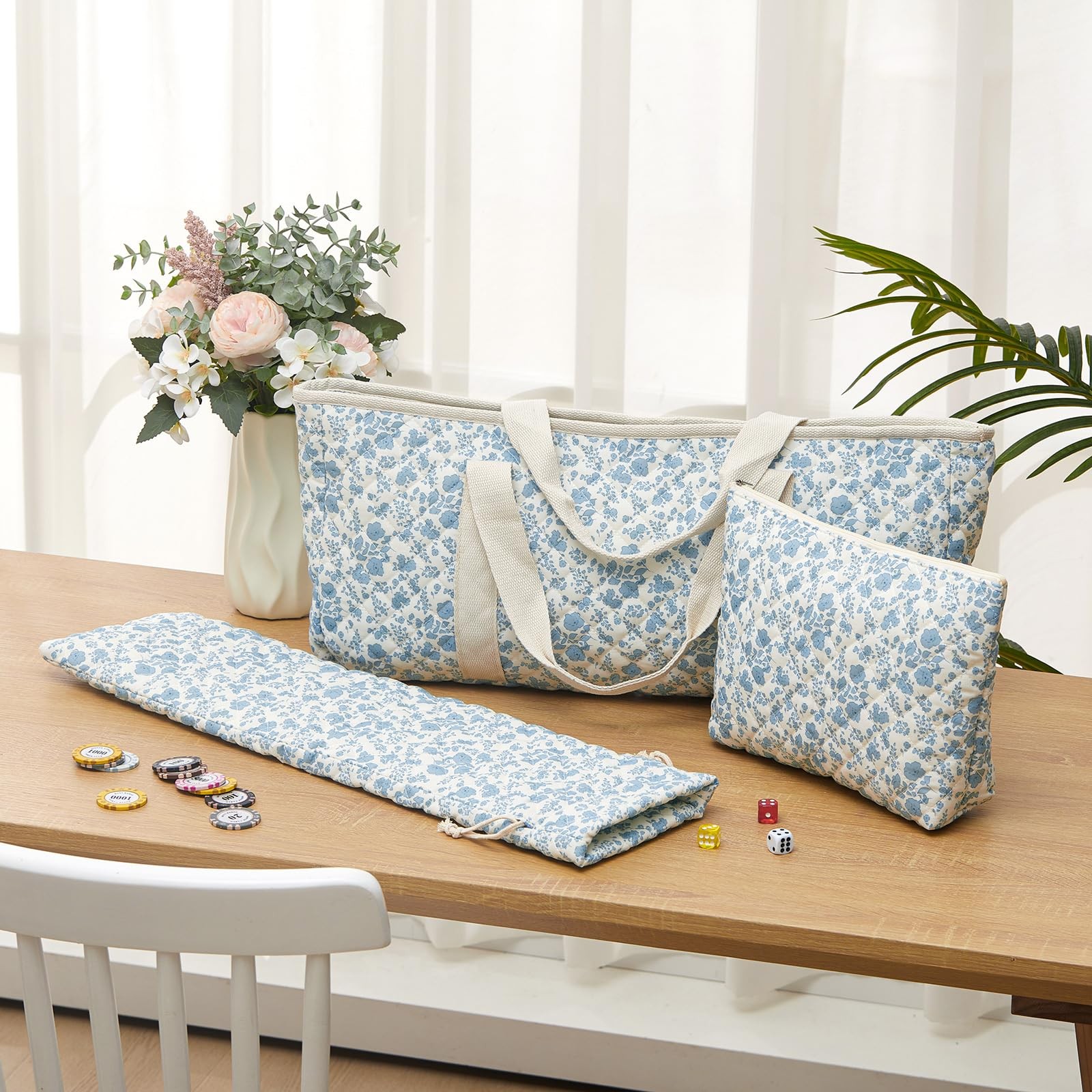 Shinylin 3 Pcs Quilted Empty Mahjong Bag Set, Thickened Blue Floral Carrying …