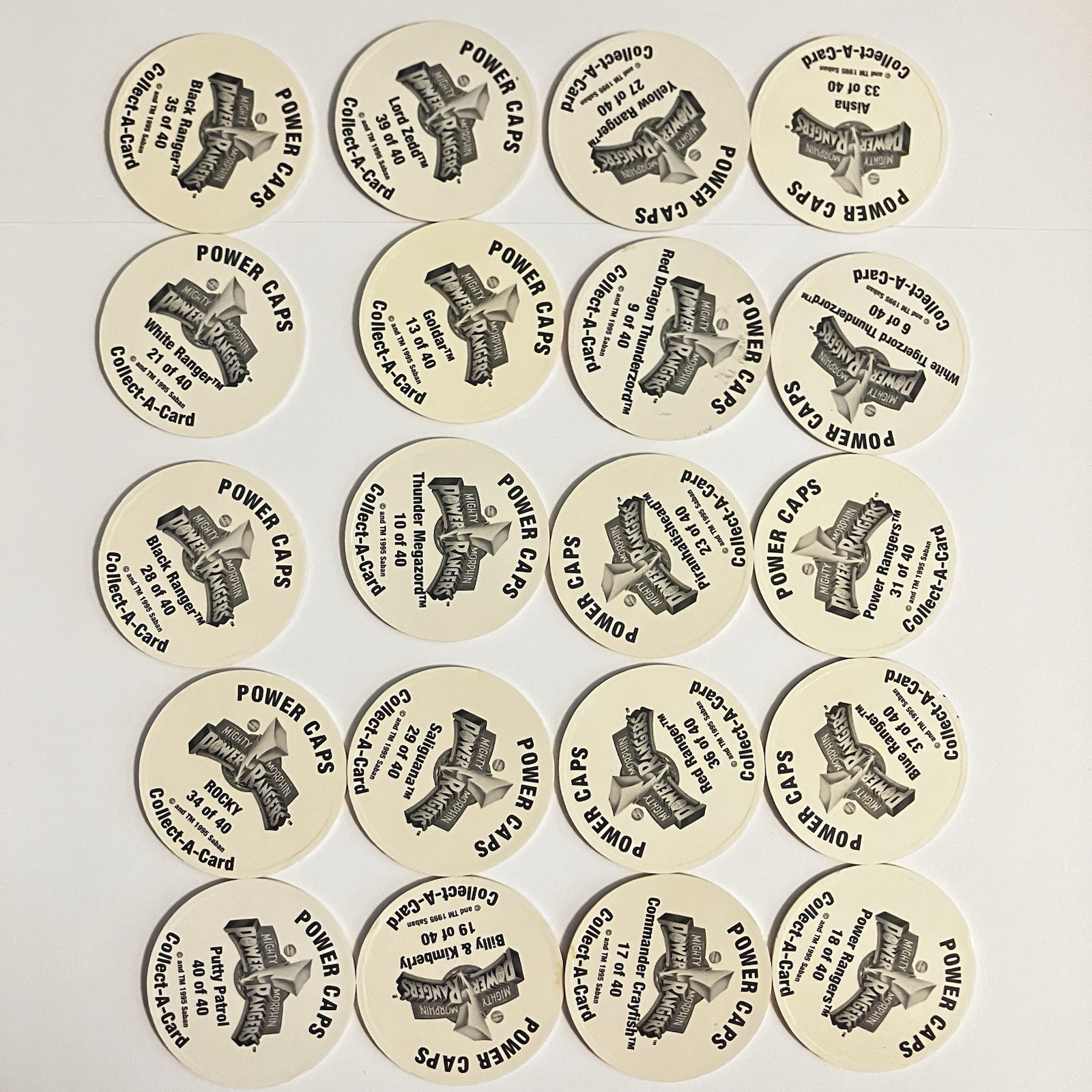 Lot of 20 Pogs Mighty Morphin Power Rangers Pogs from 1995 Saban Power Caps