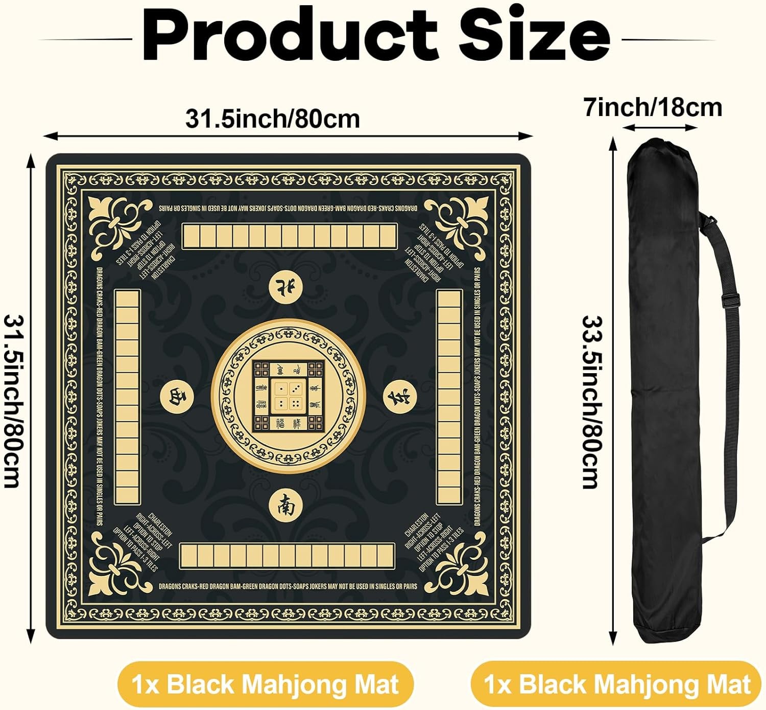 Black Mahjong Mat with Black Carrying Bag 31.5 x 31.5 Inches Multi Purpose Ga…