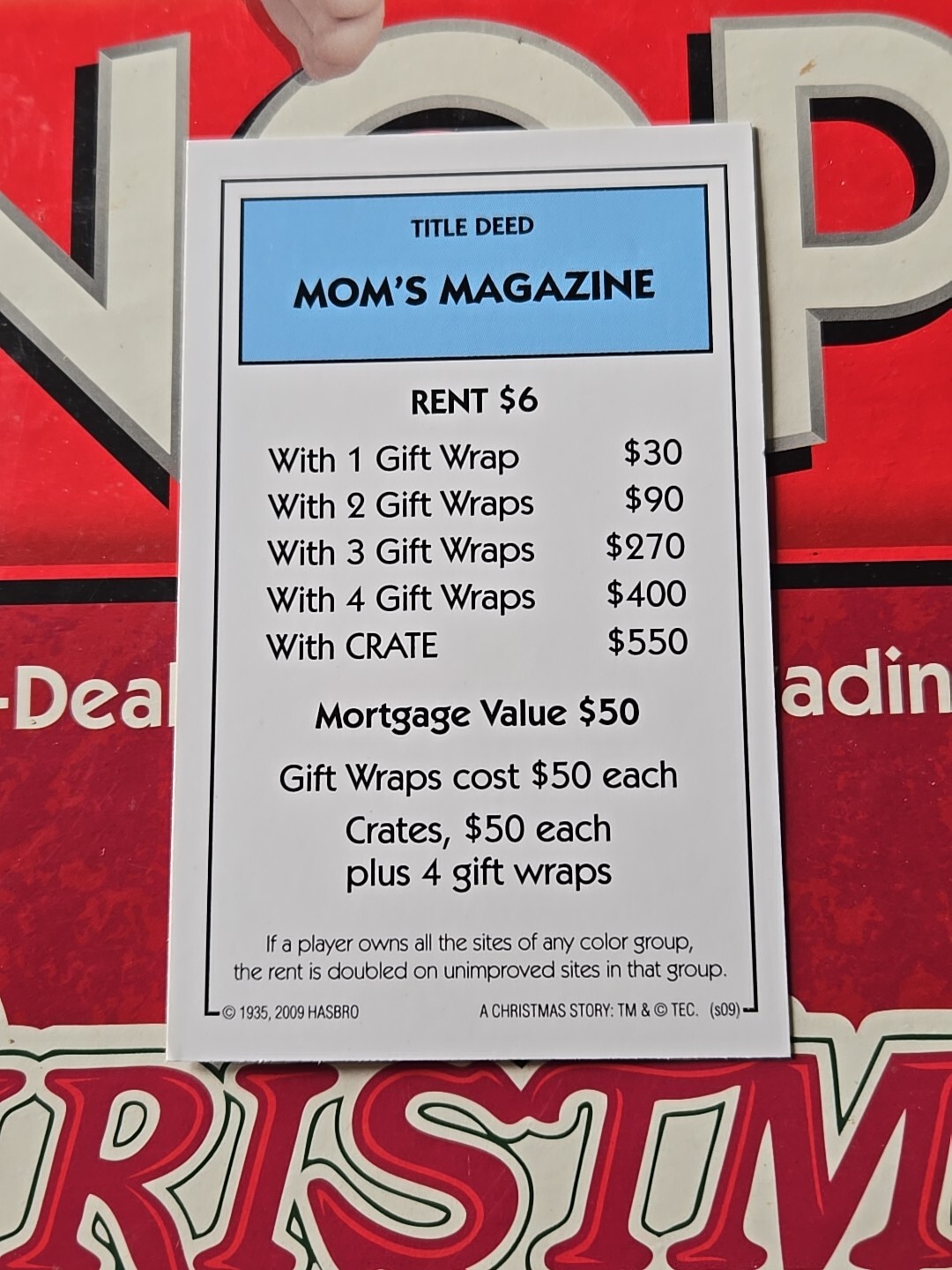 2009 Monopoly Christmas Story Light Blue Mom Magazine Title Deed Card Game Piece