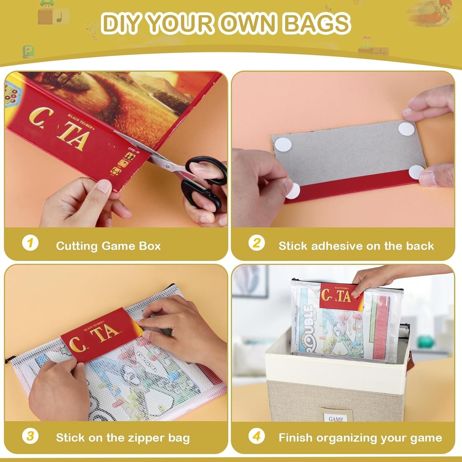 Elegant Board Game Storage with 12 Zipper Bags & Custom Stickers – Modern Design