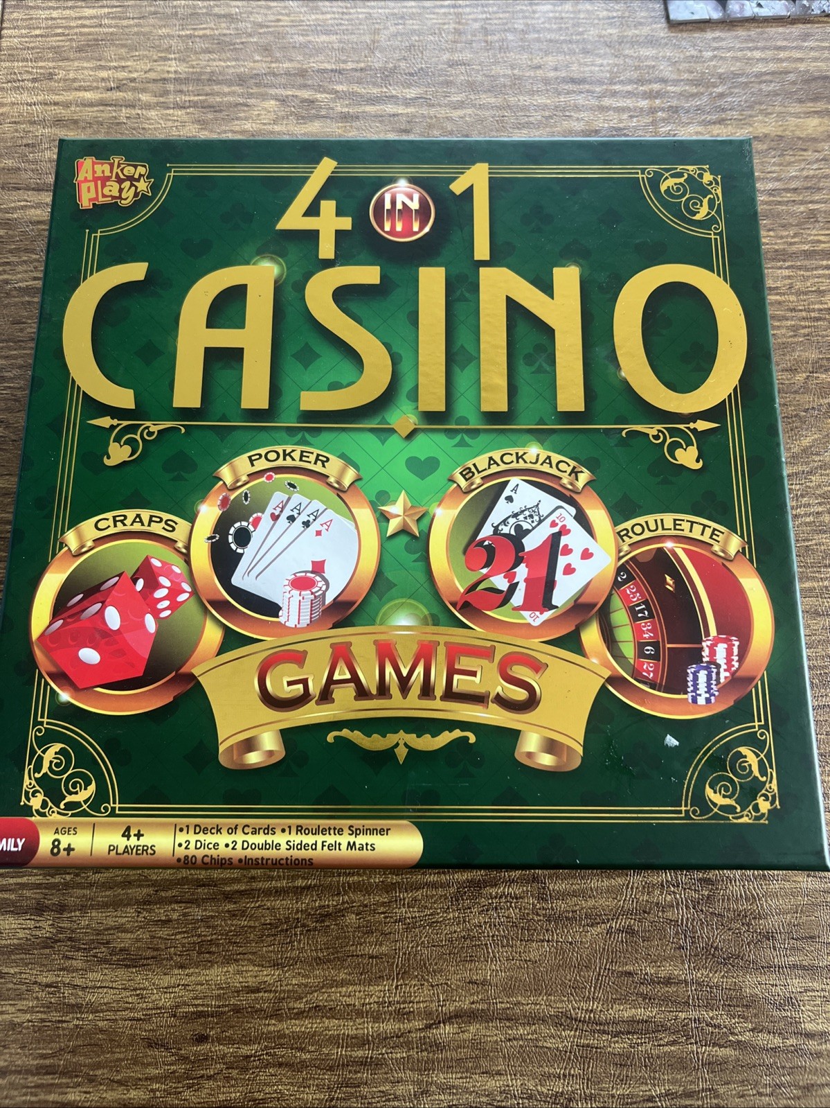 Anker Play 4 in 1 Casino Games Board Game Set – Roulette Spinner, Dice, Cards