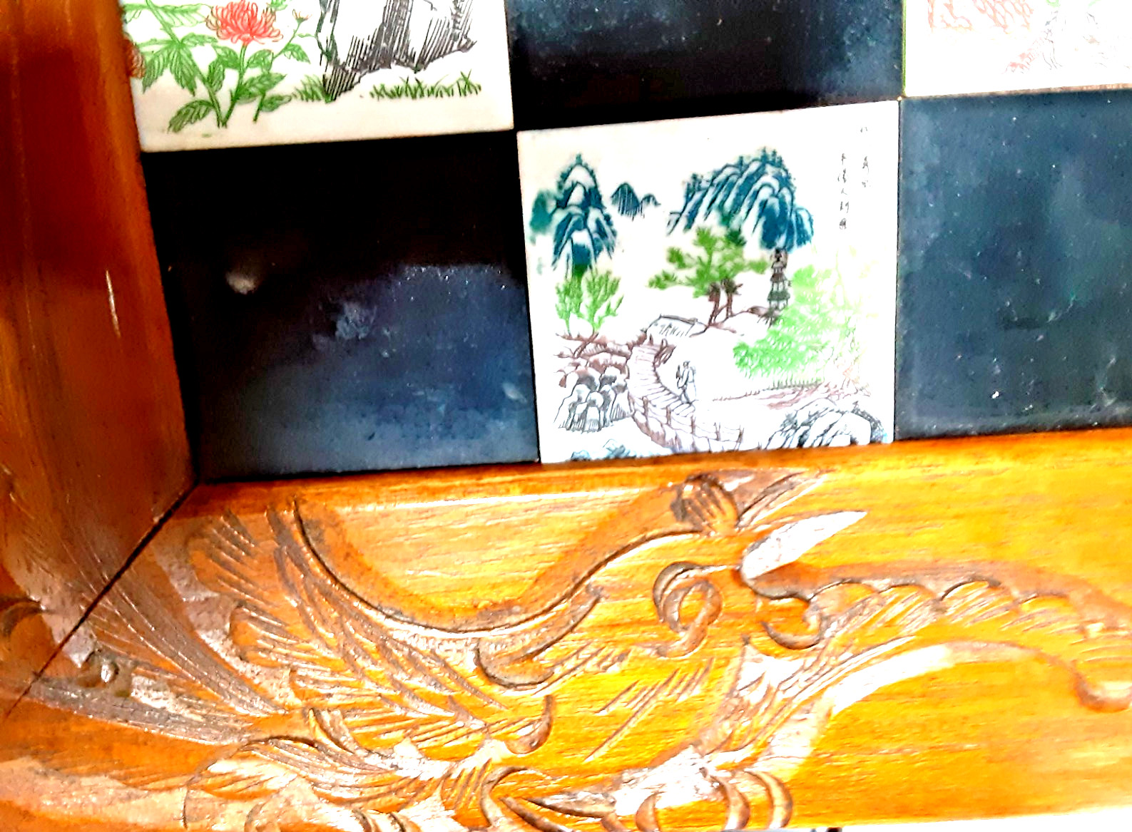 Antique handmade chess set made of natural wood and ceramic