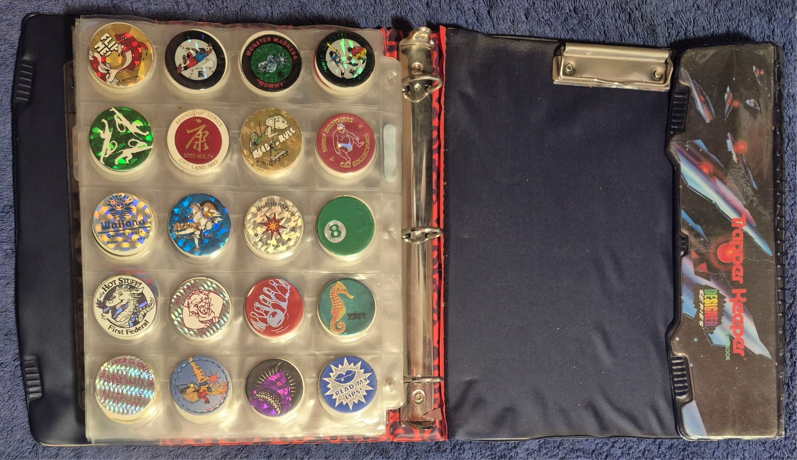 POGS LOT 229 TOTAL IN POCKET PAGES + TRAPPER KEEPER BINDER JOTS SNAPS CAPS