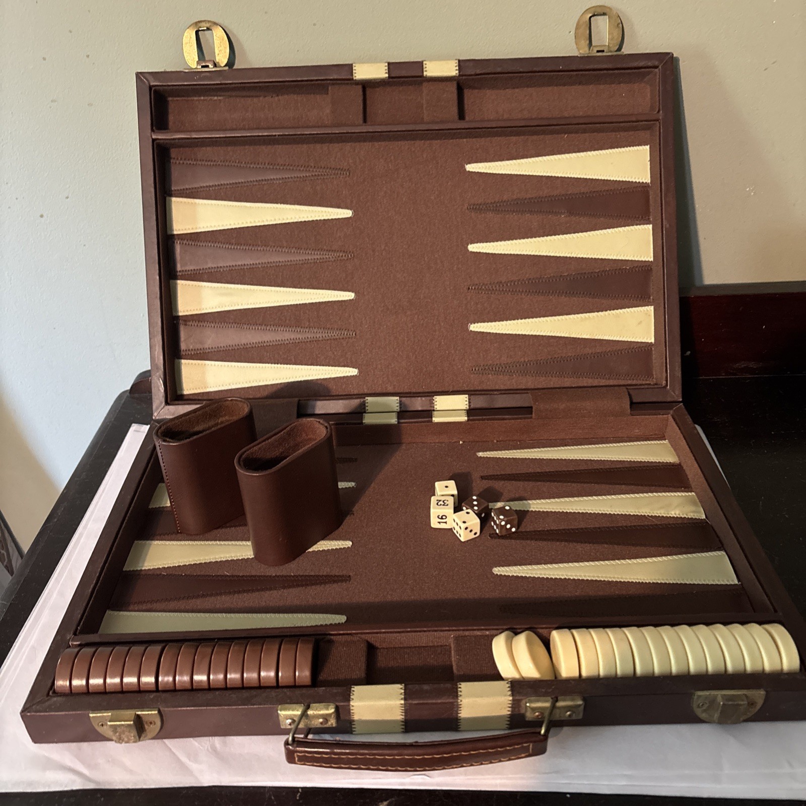 Vintage Backgammon Game Set Faux Leather Brown Case 15×10 NOT Complete Travel