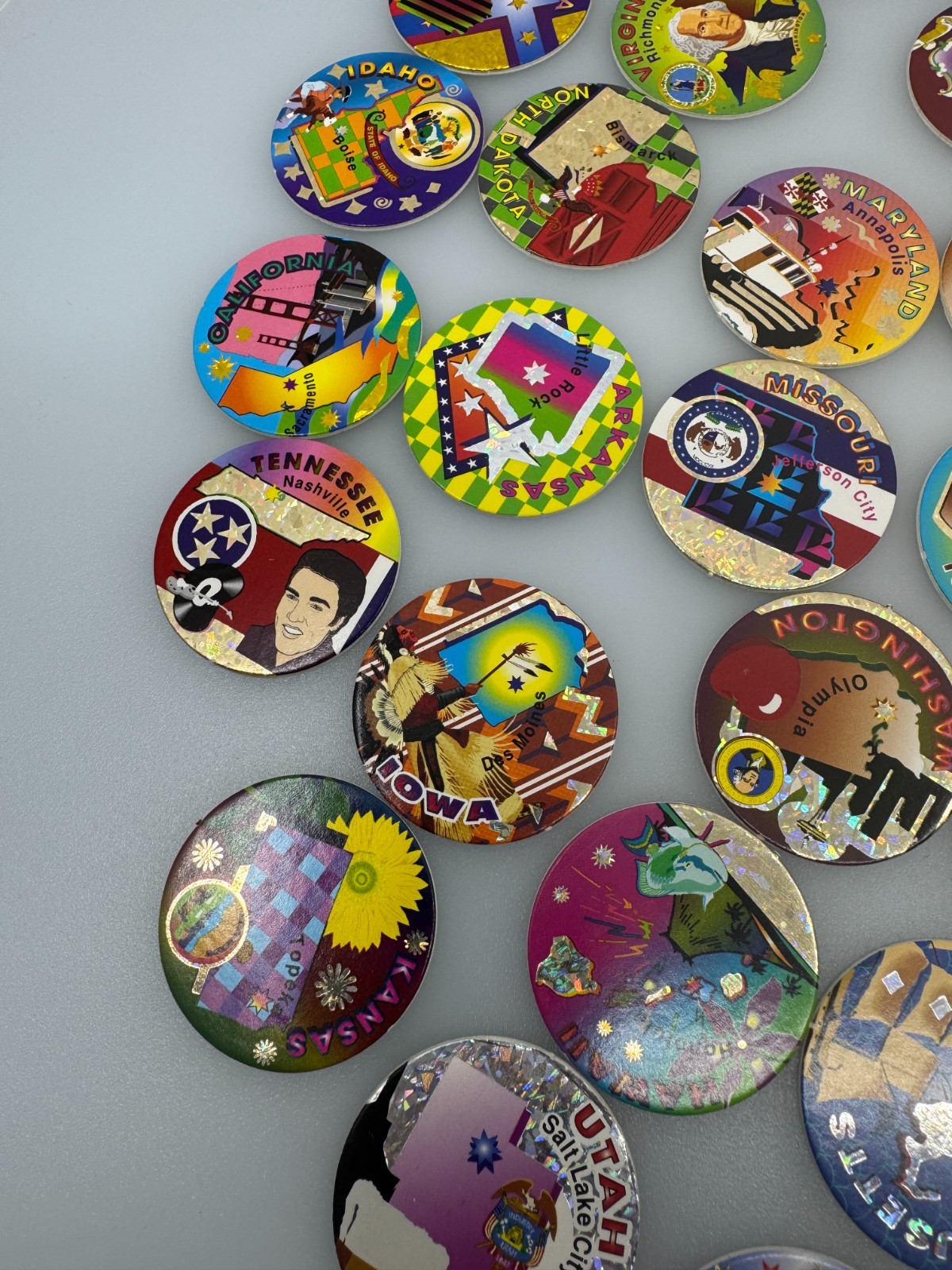 Vintage POGS incomplete Set of Foil States And Government With Rohks Container