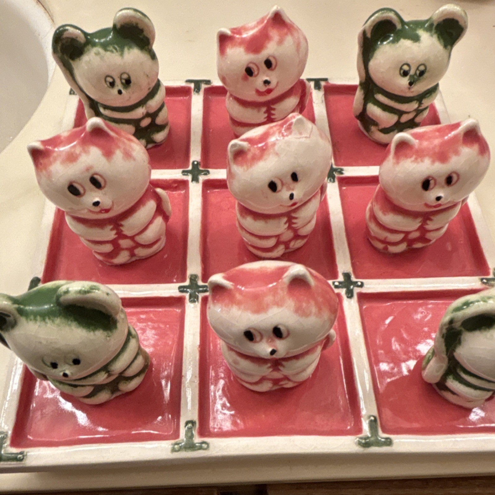Ceramic Tic Tac Toe Board Game with Cat & Bear Figurines, Vintage Style