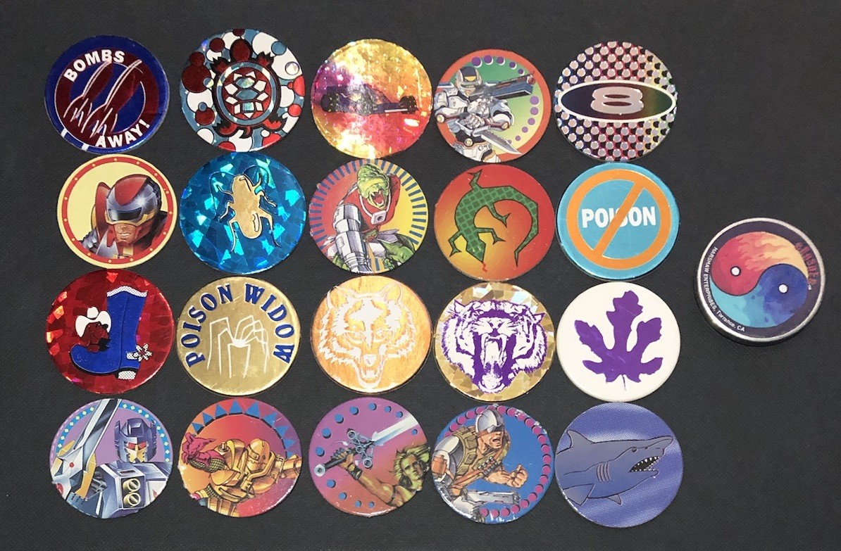 Lot of 20 Vintage 1990’s POGS Milk Caps, 1 Yin Yang Metal Slammer