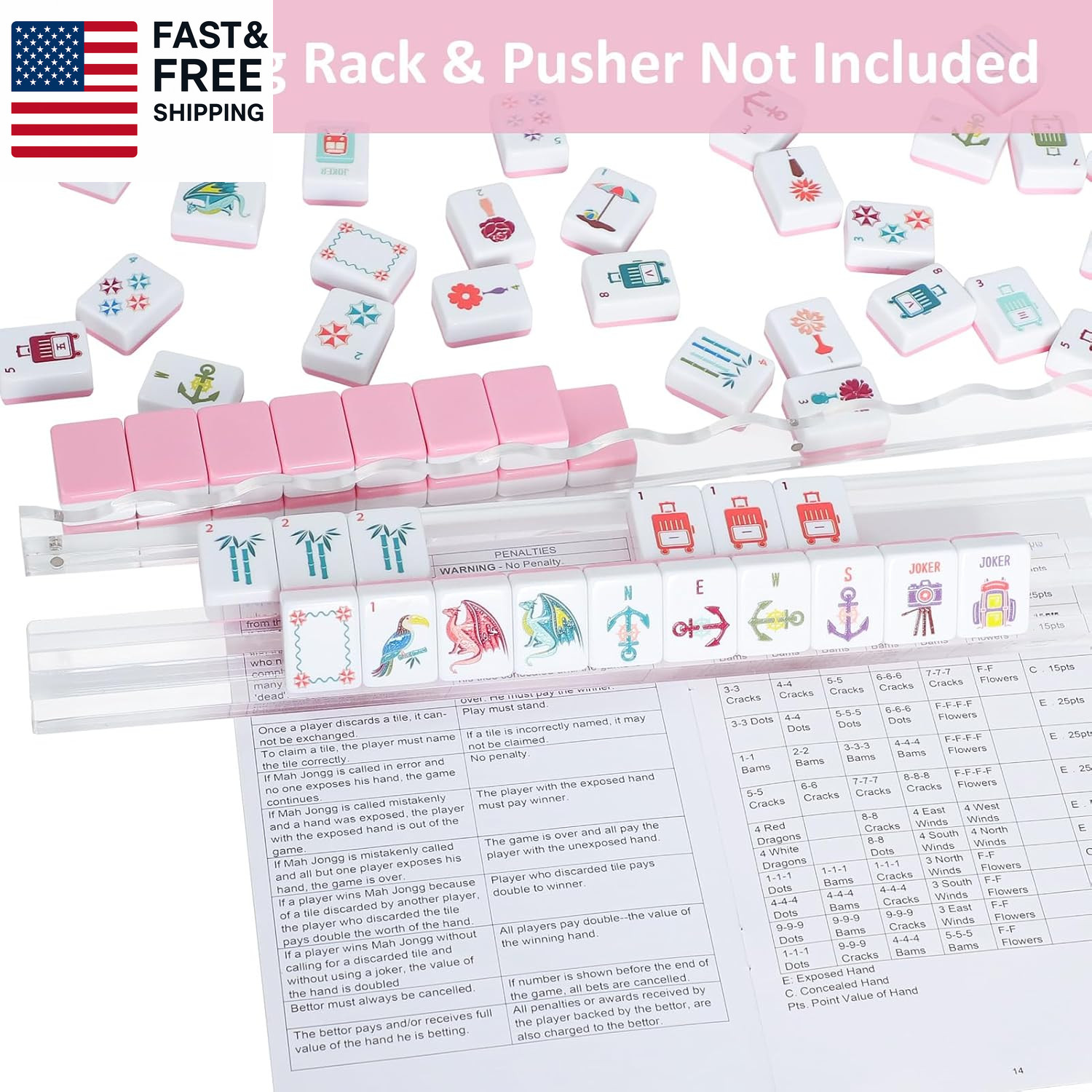 160 Pink Engraved American Mahjong Game Set with Carrying Bag and Accessor