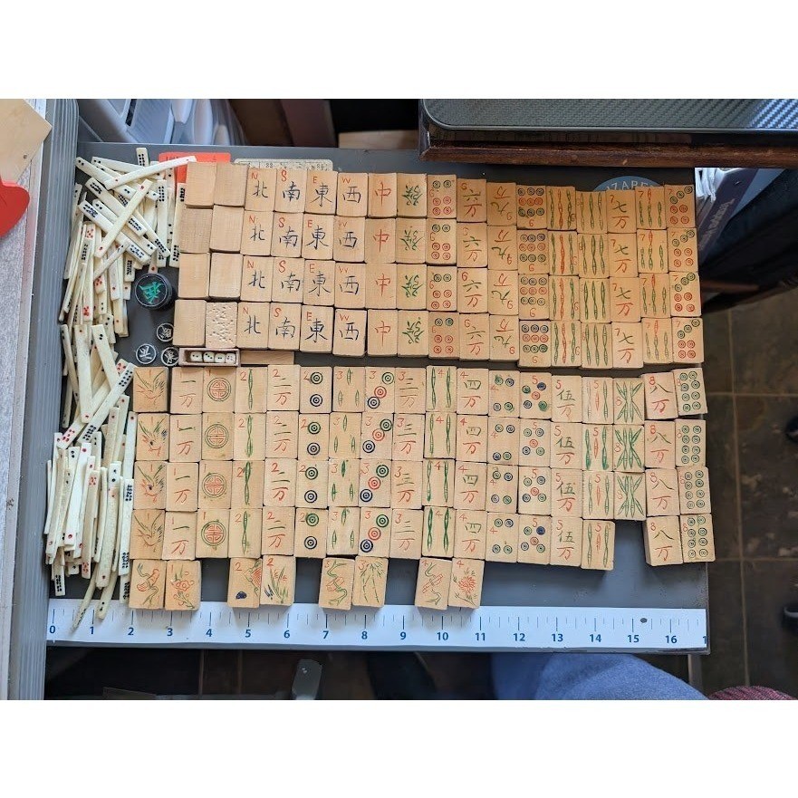 Antique 20s Admiral Mahjong Set Bone Bamboo Tiles Sticks Tin Box Hand Carved