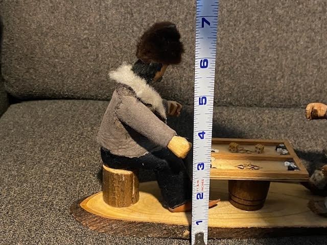 Handmade folk art wooden carved men playing backgammon vintage