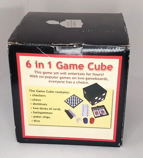 6 In 1 Game Cube Checkers, Chess, Backgammon, Dominoes, Dice, Cards, Poker Chips