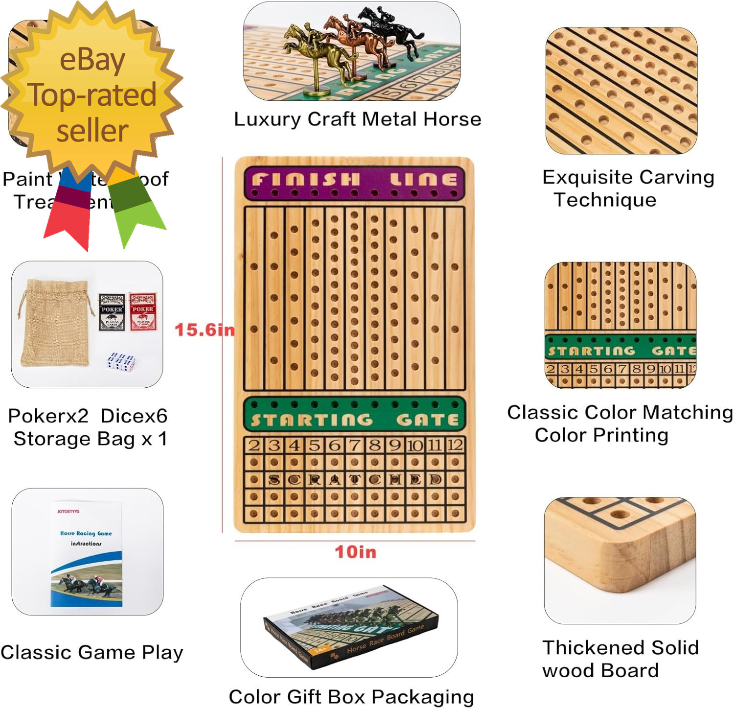 Horse Race Board Game with 11 Luxury Metal Horses 4 Dice 2 Card Boxes Thickened