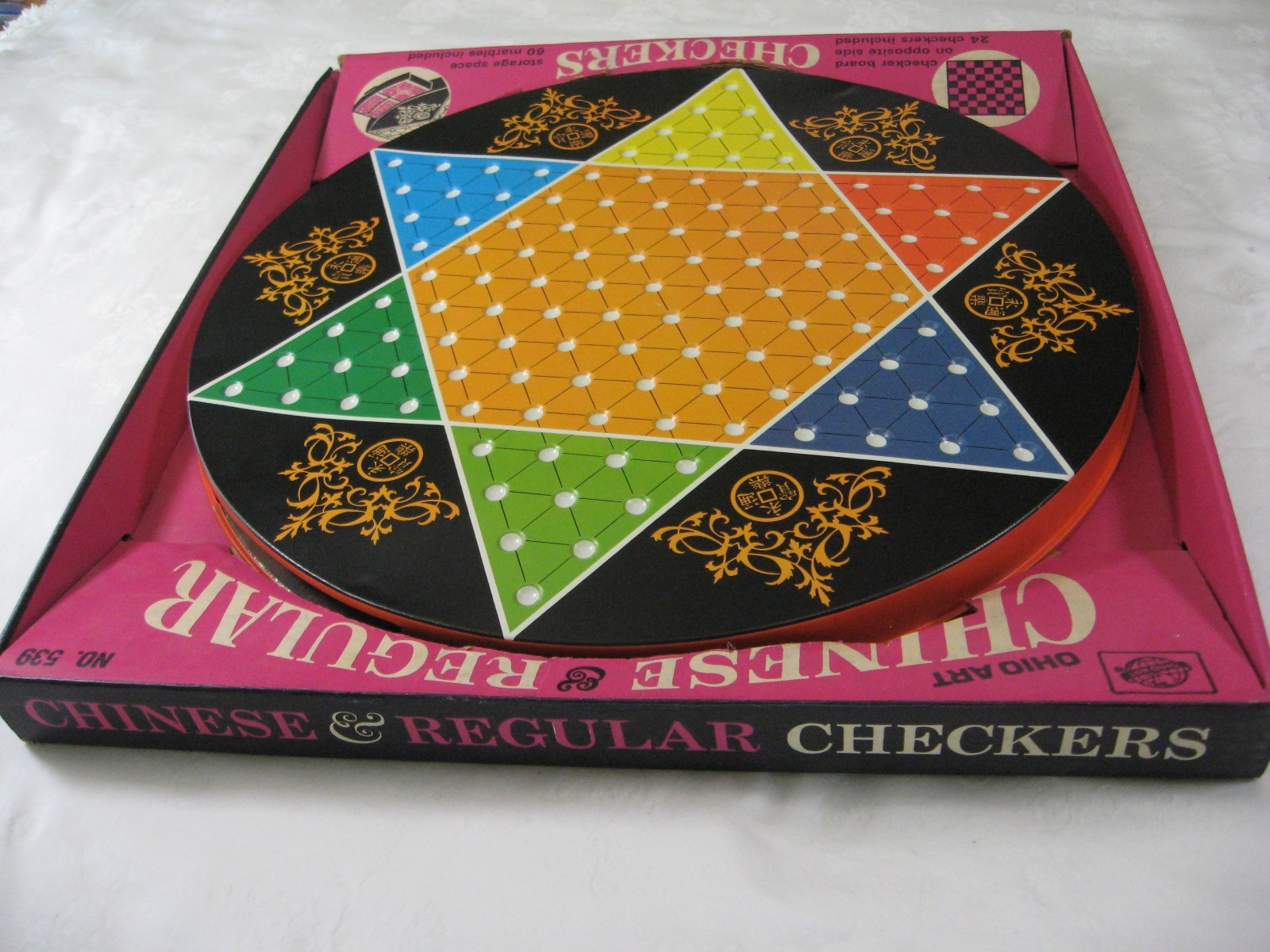 Ohio Art metal tin litho board CHINESE & REGULAR CHECKERS – complete w/ box