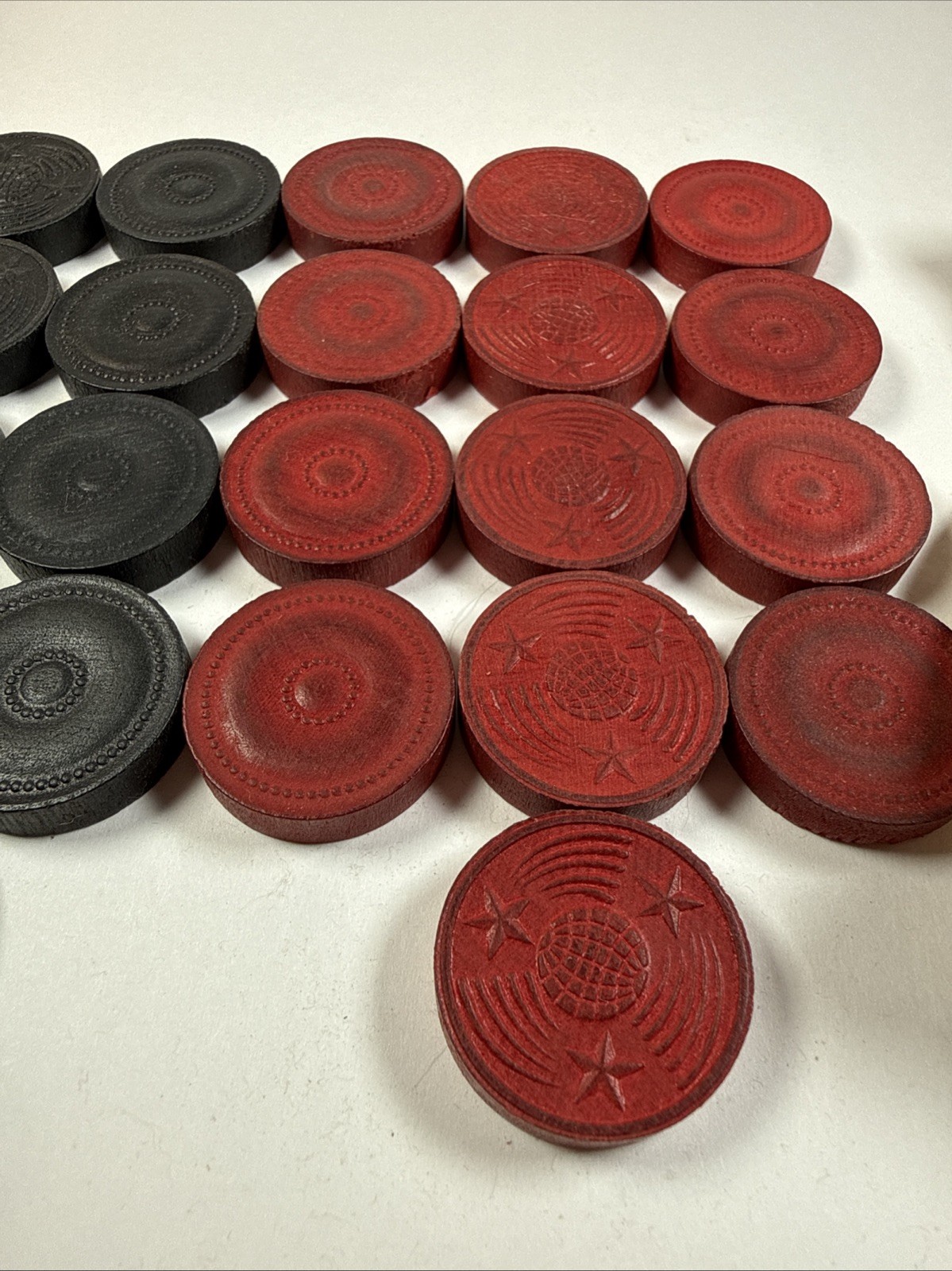 Vintage Wooden Embossed Checkers ~ 14 Black 13 Red ~ Replacement, Decor, Crafts