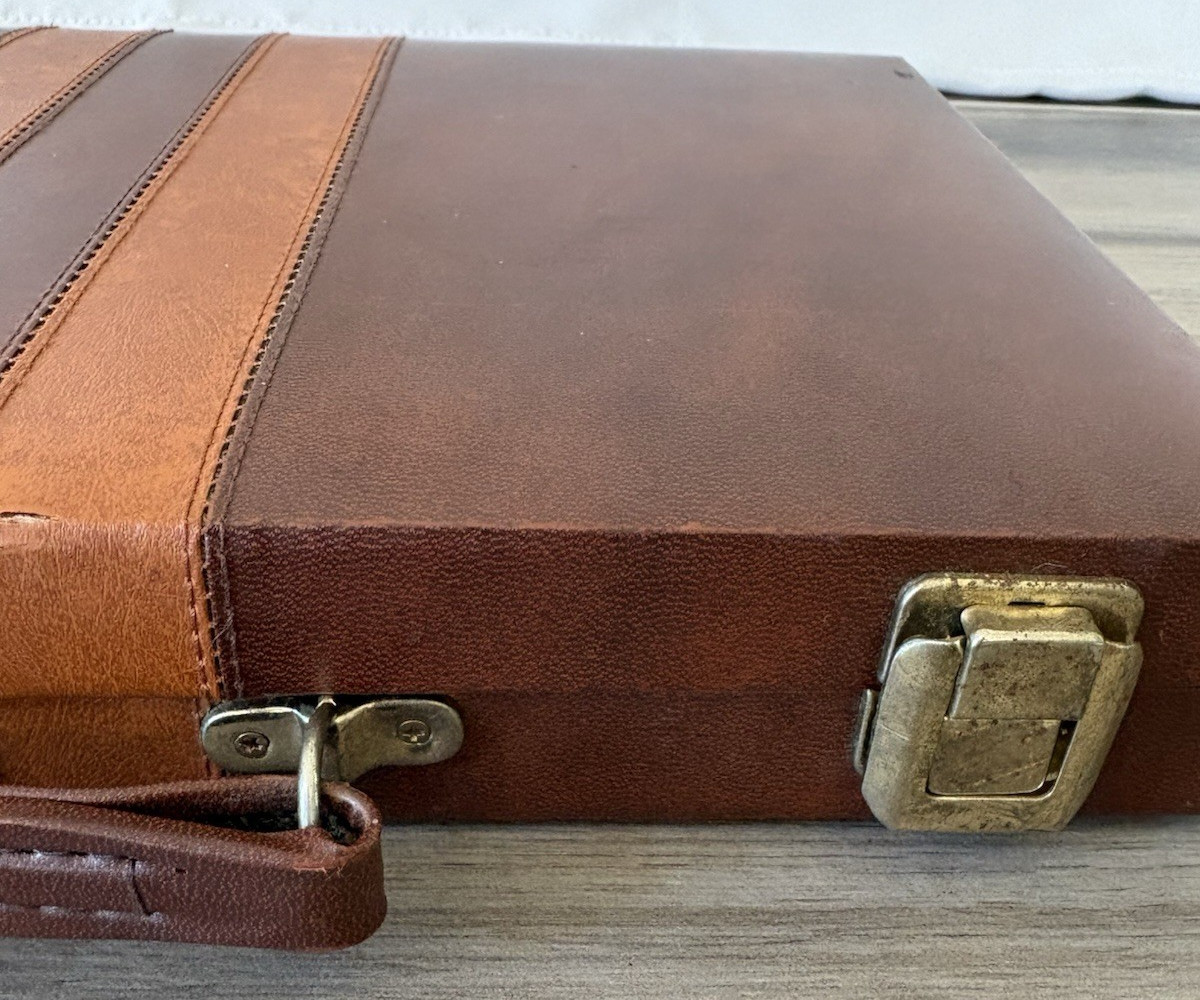 Vintage Backgammon Brown Faux Leather Set with Carrying Case Complete Board Game