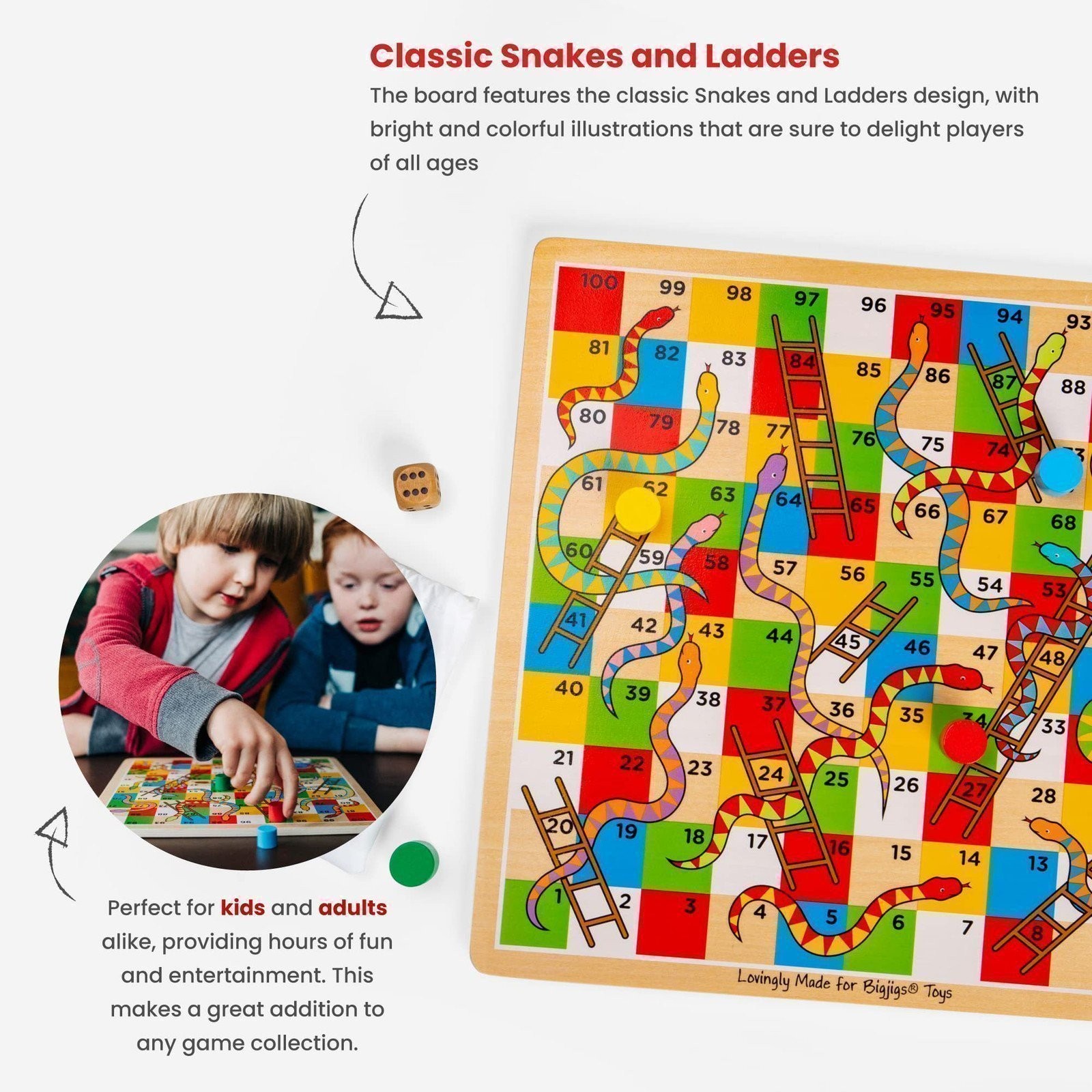 Bigjigs Toys Traditional Snakes and Ladders Wooden Game Set, Quality Family…
