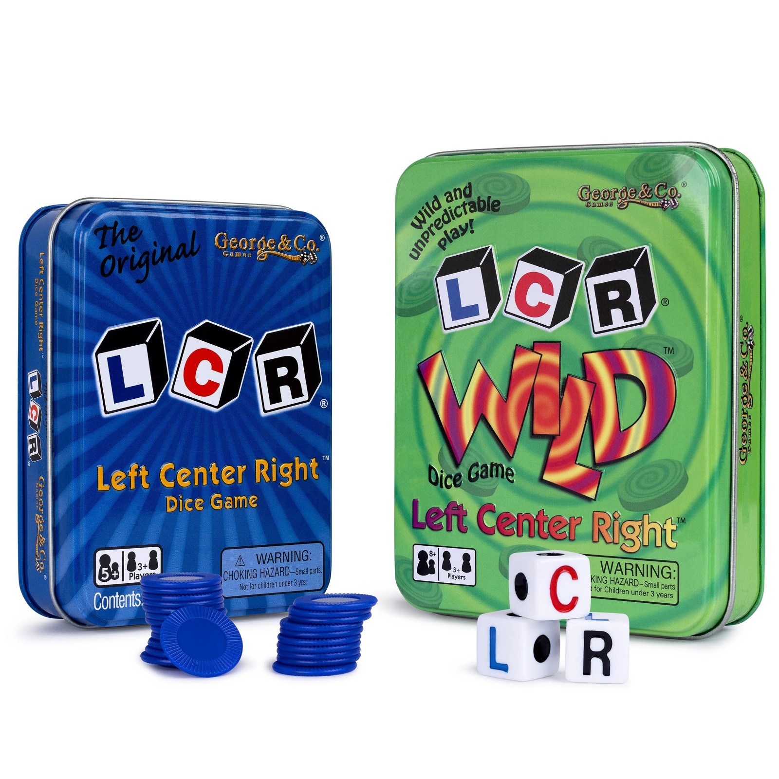 LCR Left Right Center Dice Game Set – Blue & Green Tin Gift Bundle – 2 Pack