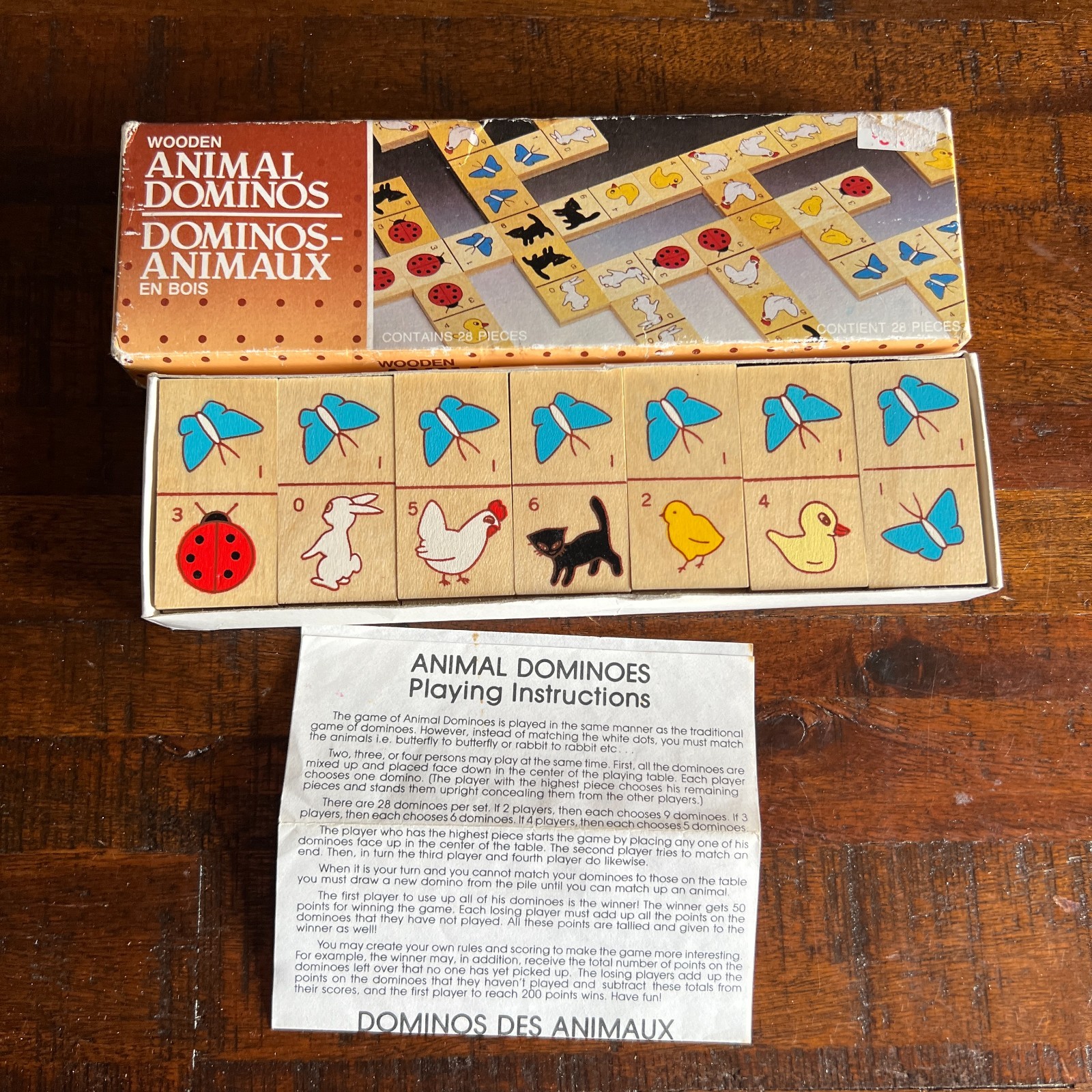Vintage 1985 Action Industries Wooden Animal Dominoes Game Complete 28 pcs Box