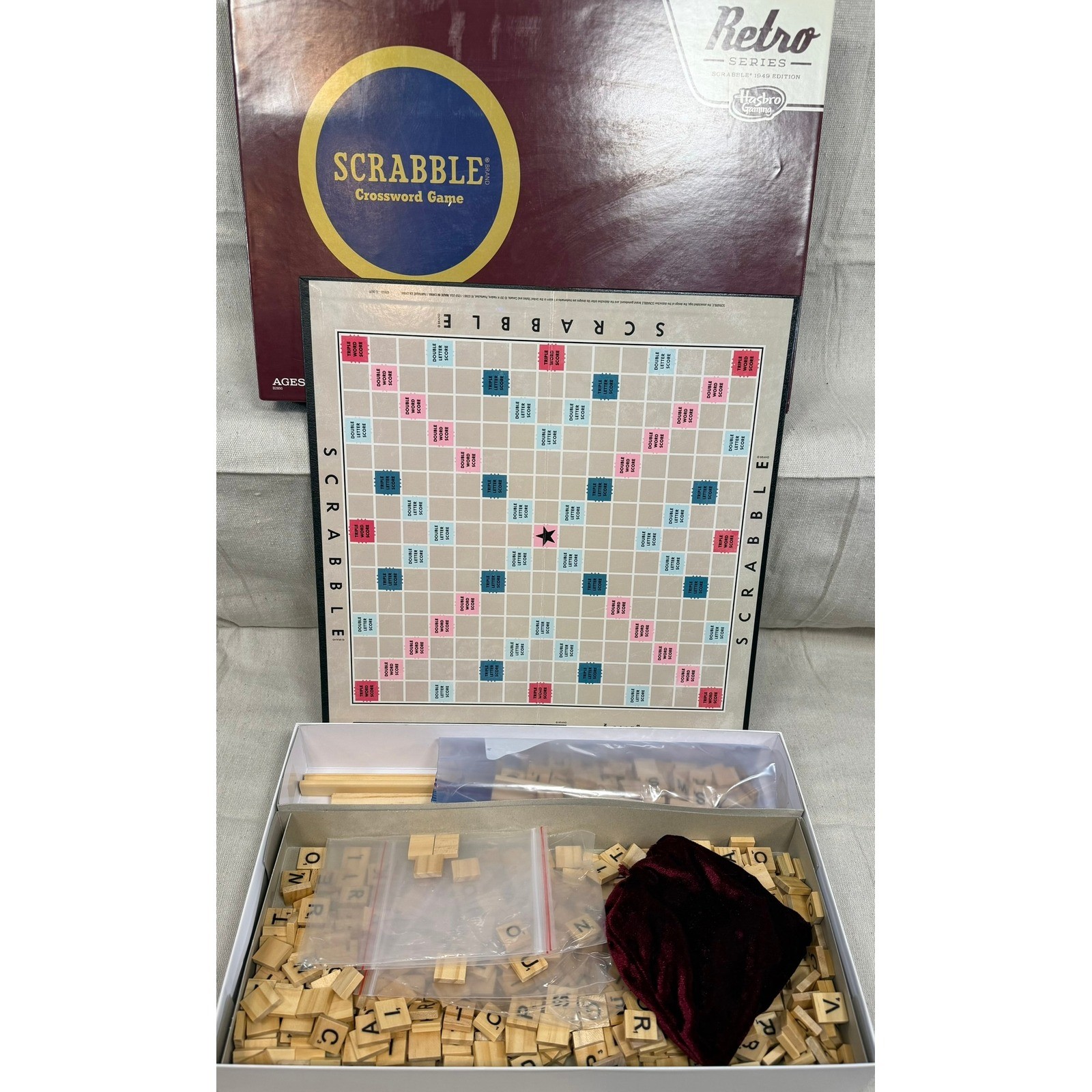 Hasbro Scrabble Retro Series 1949 Edition Board Game Wood Tiles B2850 Burgundy
