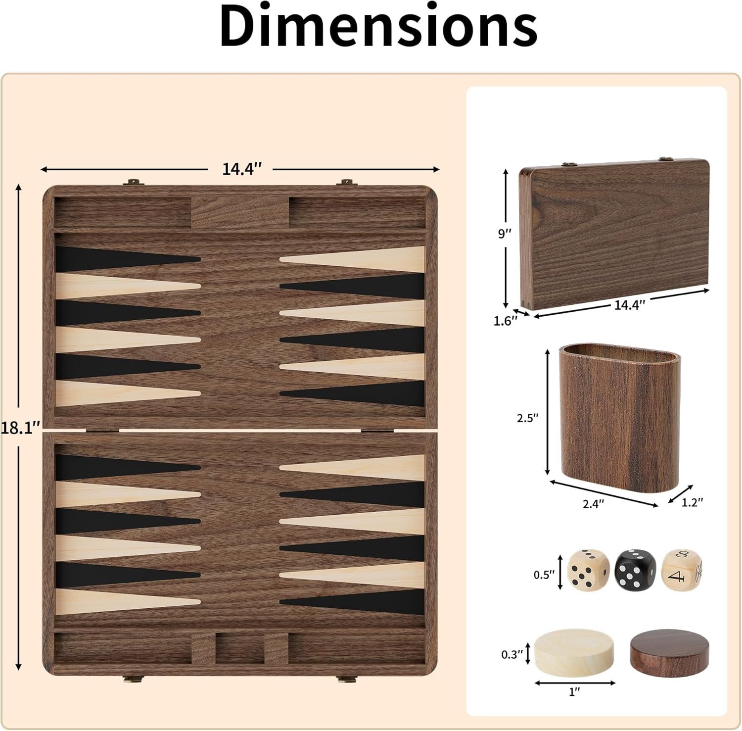 Luxury Walnut Backgammon Set – Wood Board with Travel Case, Doubling Cube