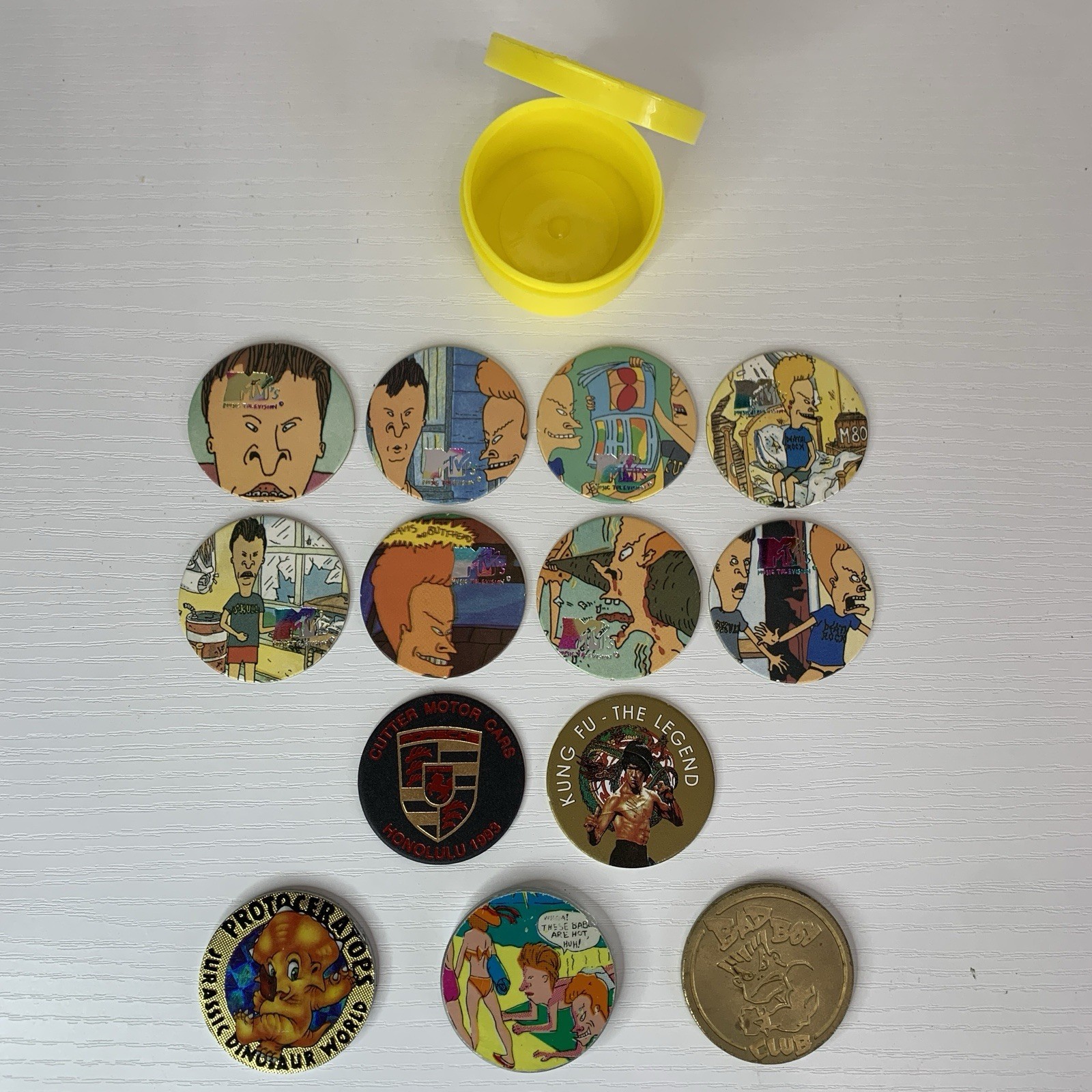 Vintage Pogs Slammers 1992 Beavis Butthead Bruce Lee Porsche Bad Boy Case Xlnt