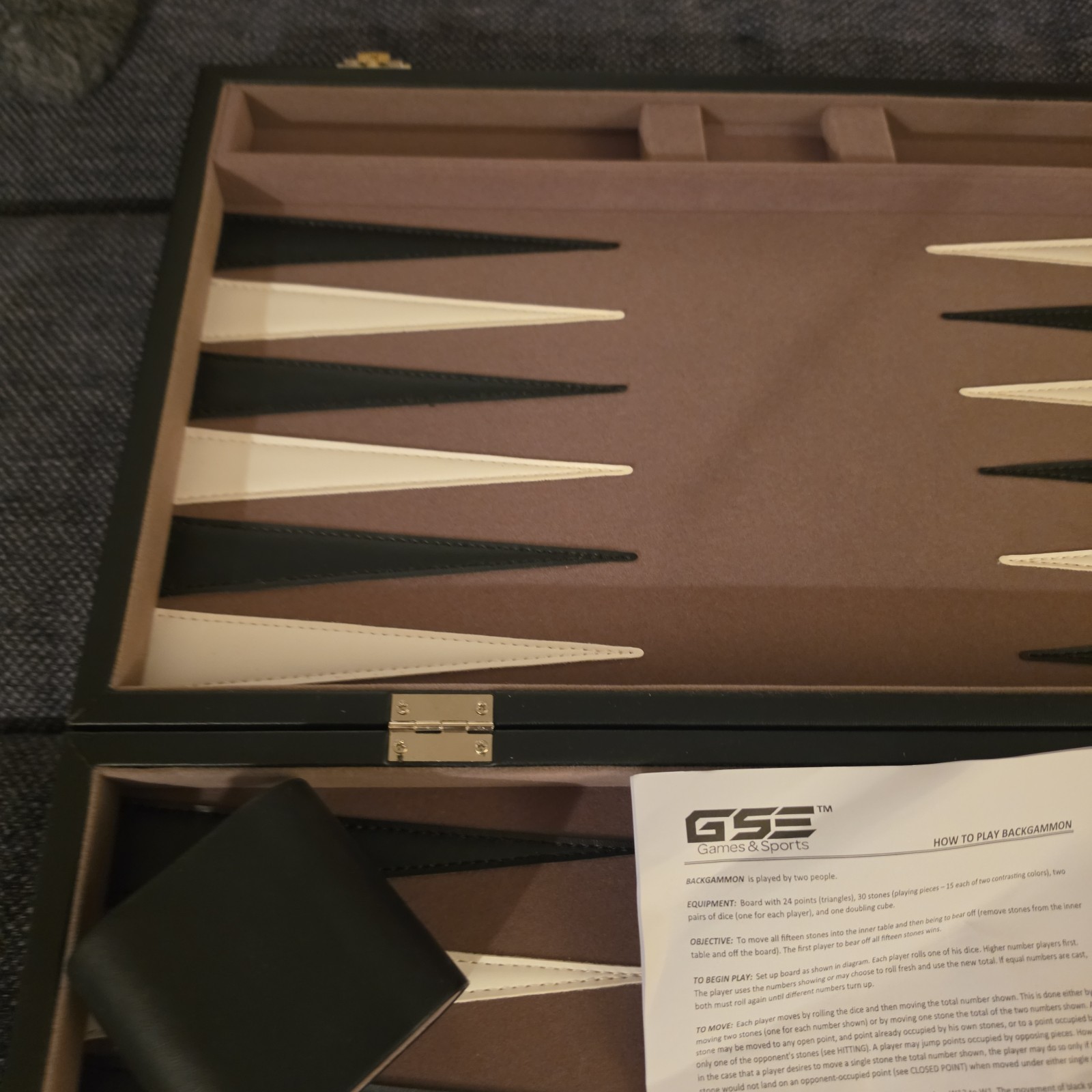 Vintage Backgammon Complete Set Gray Felt W/ Black & White Points And Stones