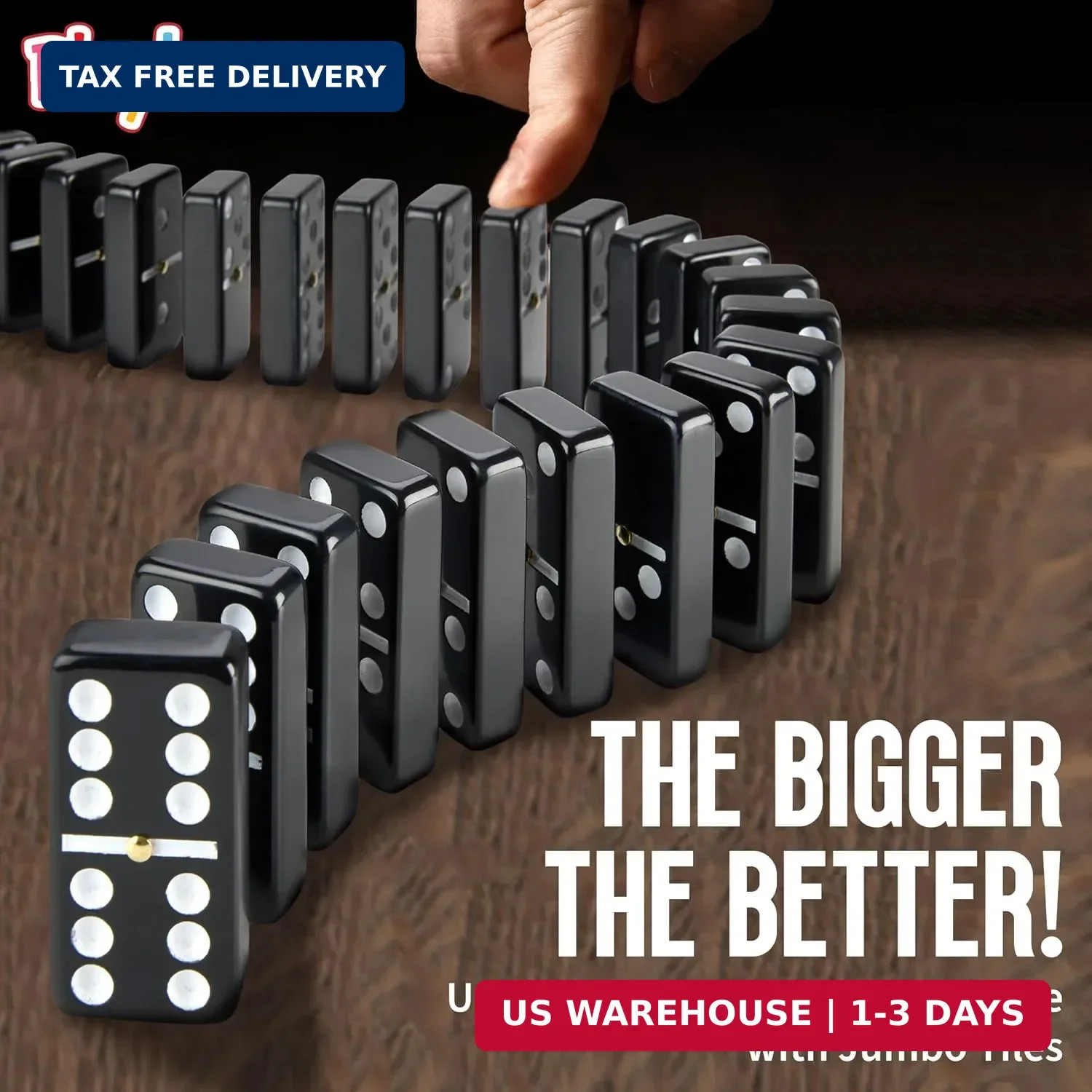 Jumbo Double Six Dominoes Set – 28 Black Classic Tiles in Faux Leather Case