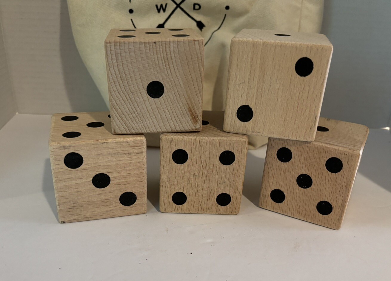 2.5 inch wooden dice, set of 5 in canvas bag