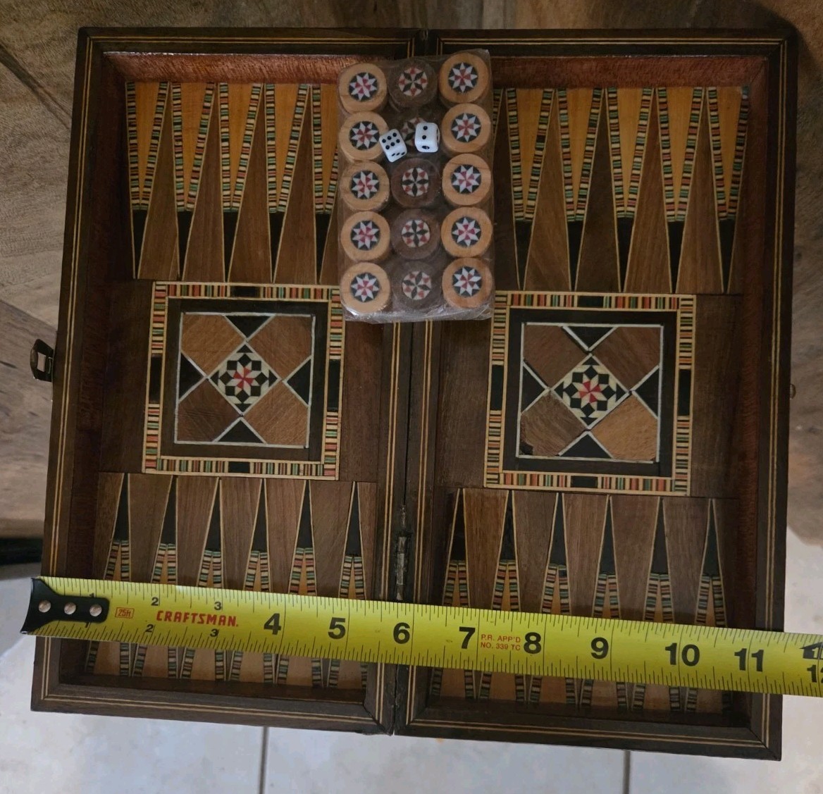 Vintage Mosaic Inlay Chess Backgammon Set Handcrafted Wood Marquetry Game Box