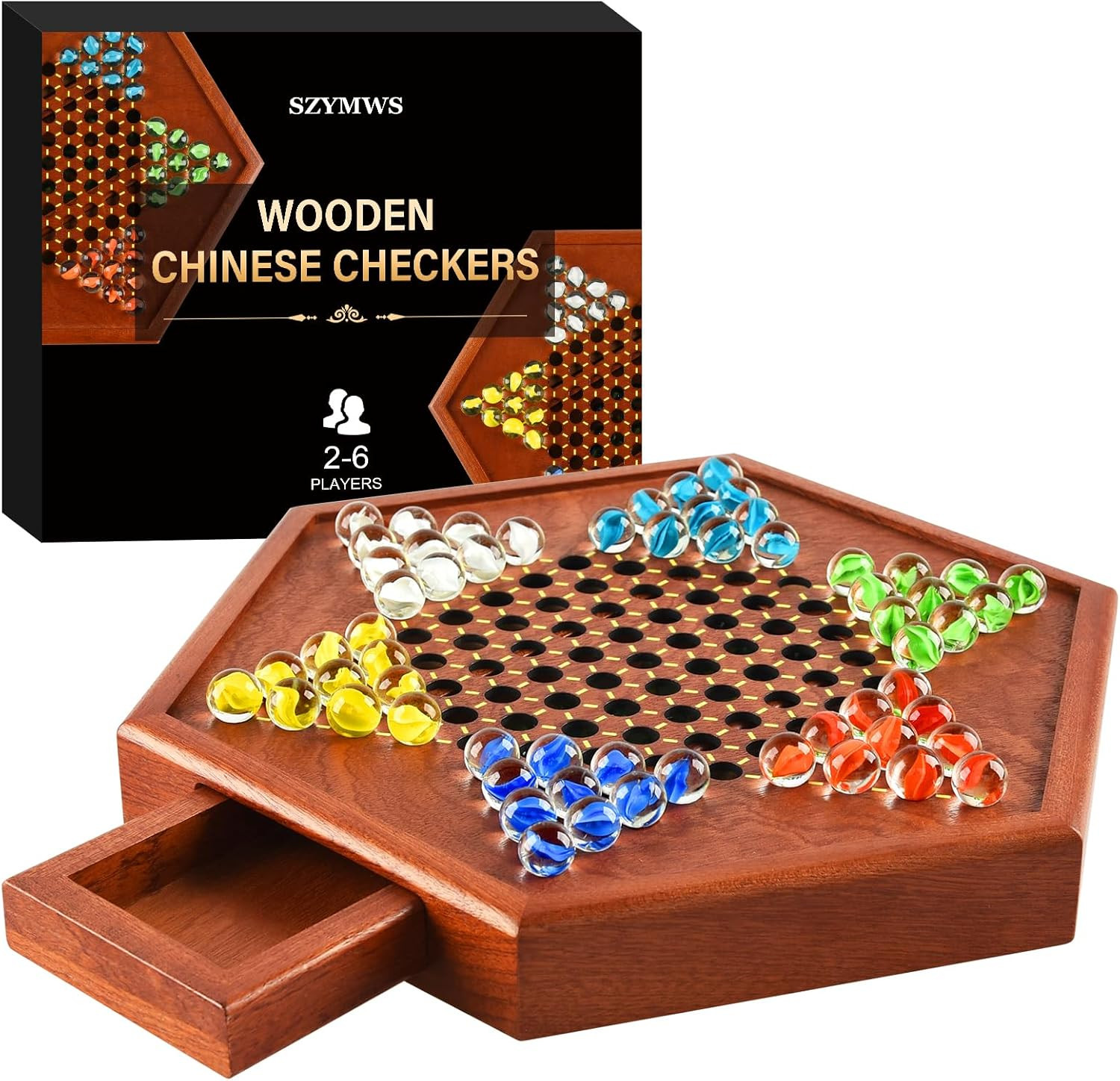 12.7 Inches Wooden Chinese Checkers Set with Storage Drawer -60 Glass Marbles in