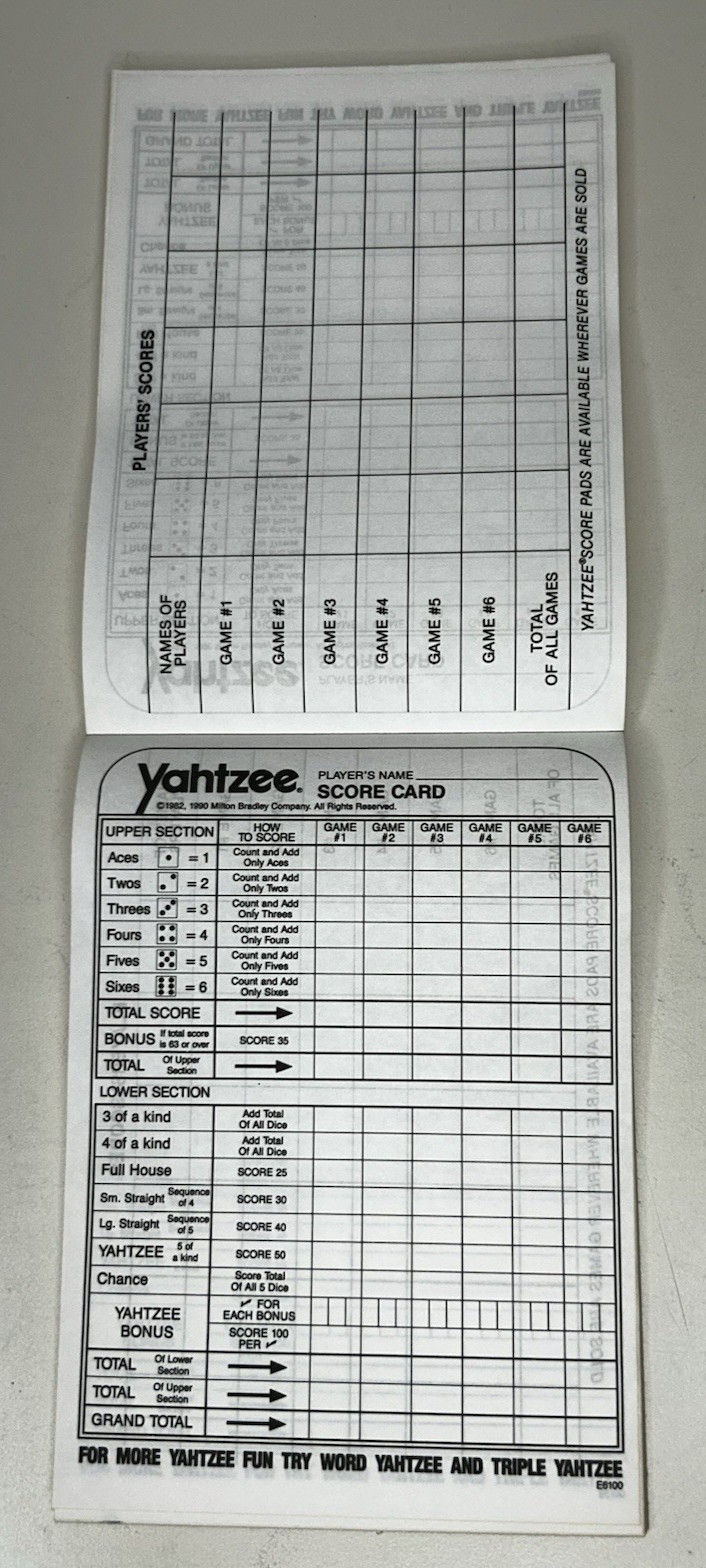 Yahtzee Score Card Pad Replacement Refill Sheets Lowe Milton Bradley 75-80 pages