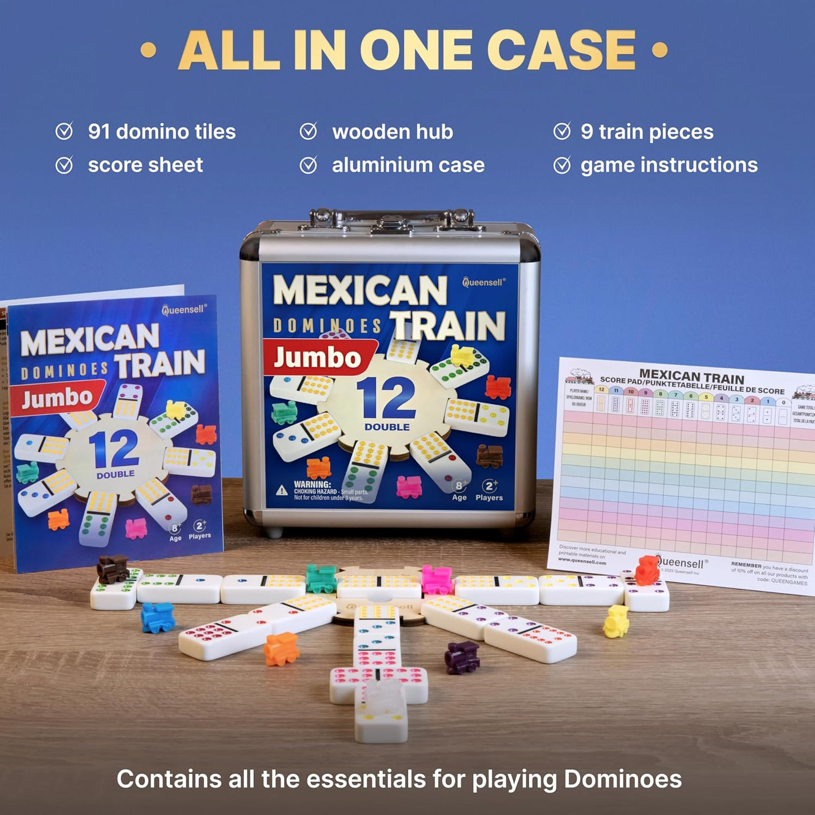 Mexican Train Dominoes Set with Jumbo Tiles – Double 12 Dominoes Set for Adults