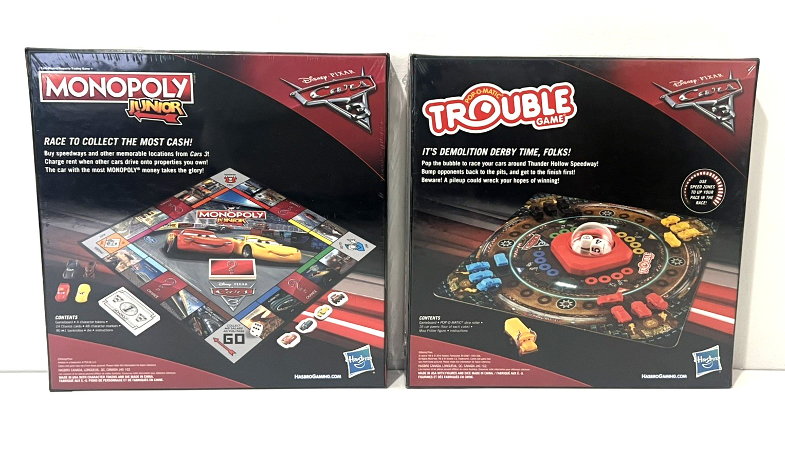 LOT OF 2 DISNEY PIXAR CARS 3 BOARD GAMES MONOPOLY JR &POP-O-MATIC TROUBLE HASBRO