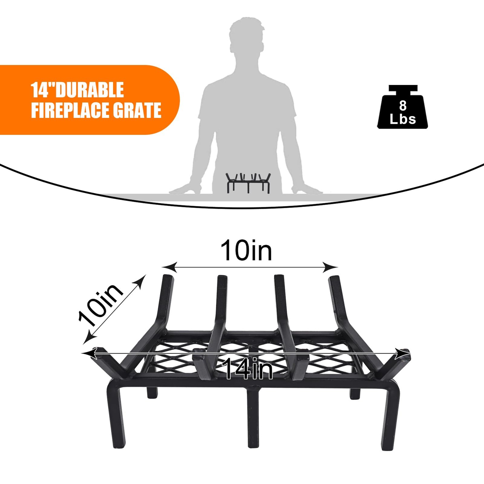 14 Inch Fireplace Grate with Ember Retainer,Cast Iron 14 INCH, Black