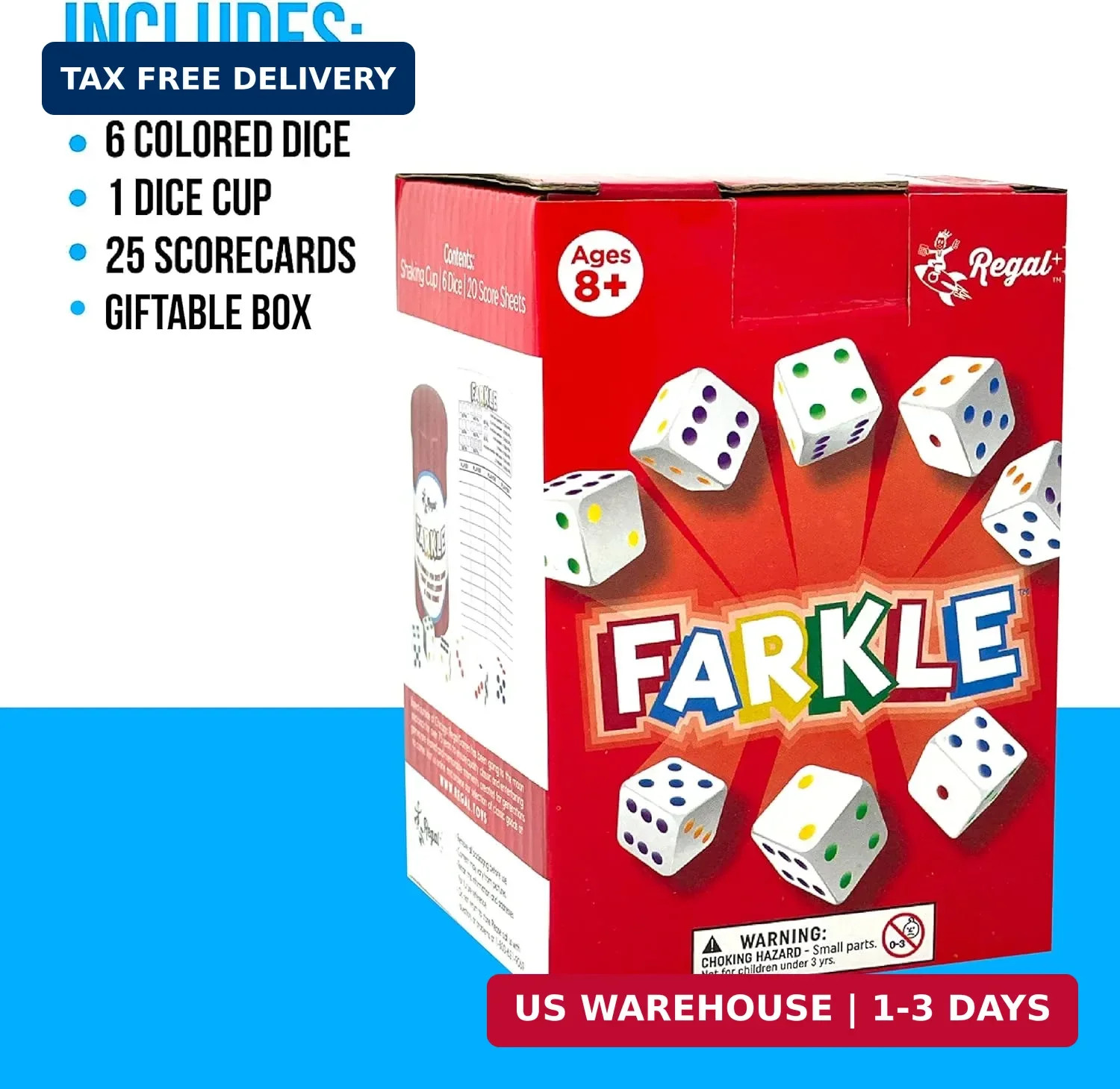 Regal Games – Farkle Classic Dice Game w/ 6 Colored Dice, 1 Convenient Dice Cup