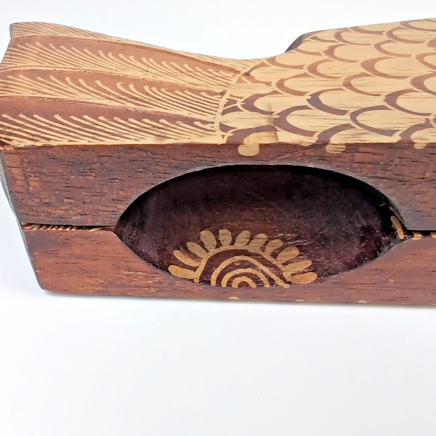 VTG Handmade Painted Fish Mancala Board Wood Shell Kalah Dakon Congklak Folk Art