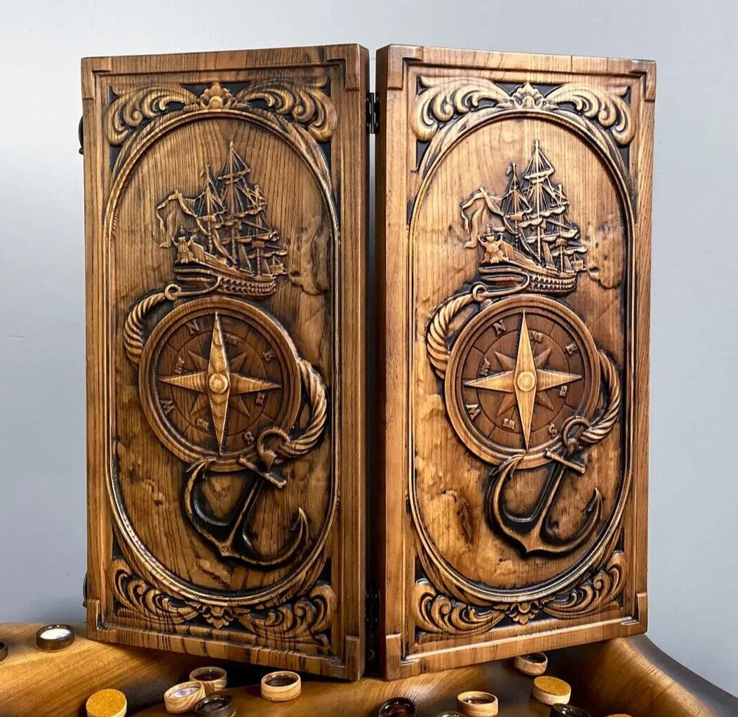 Premium WOODEN BACKGAMMON Set Marine Compass 48cm (19″), Carved, Sailboat, Yacht