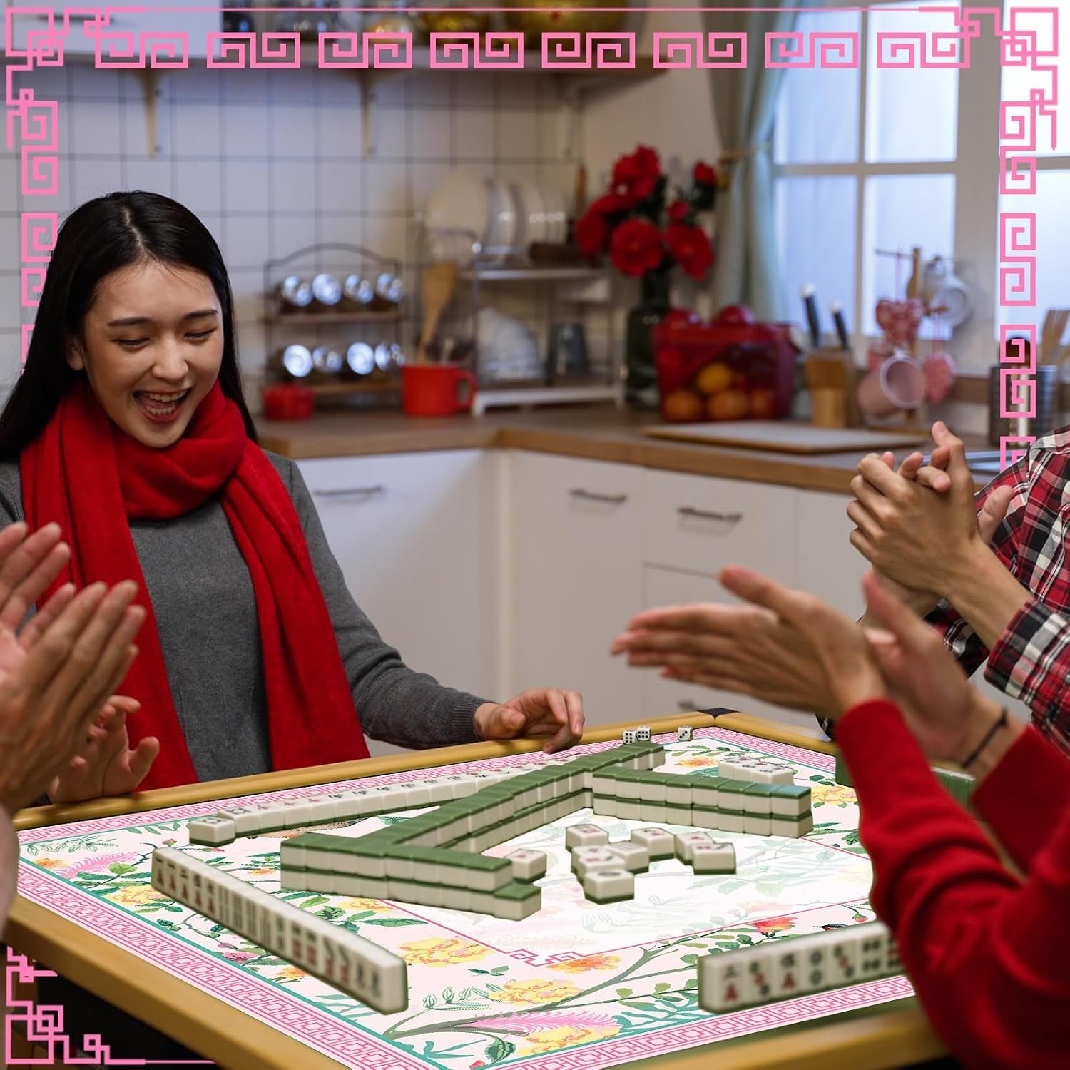 Pink Bird Floral Mahjong Mat W/ Carrying Bag 31.5″ x 31.5″ Table Mat
