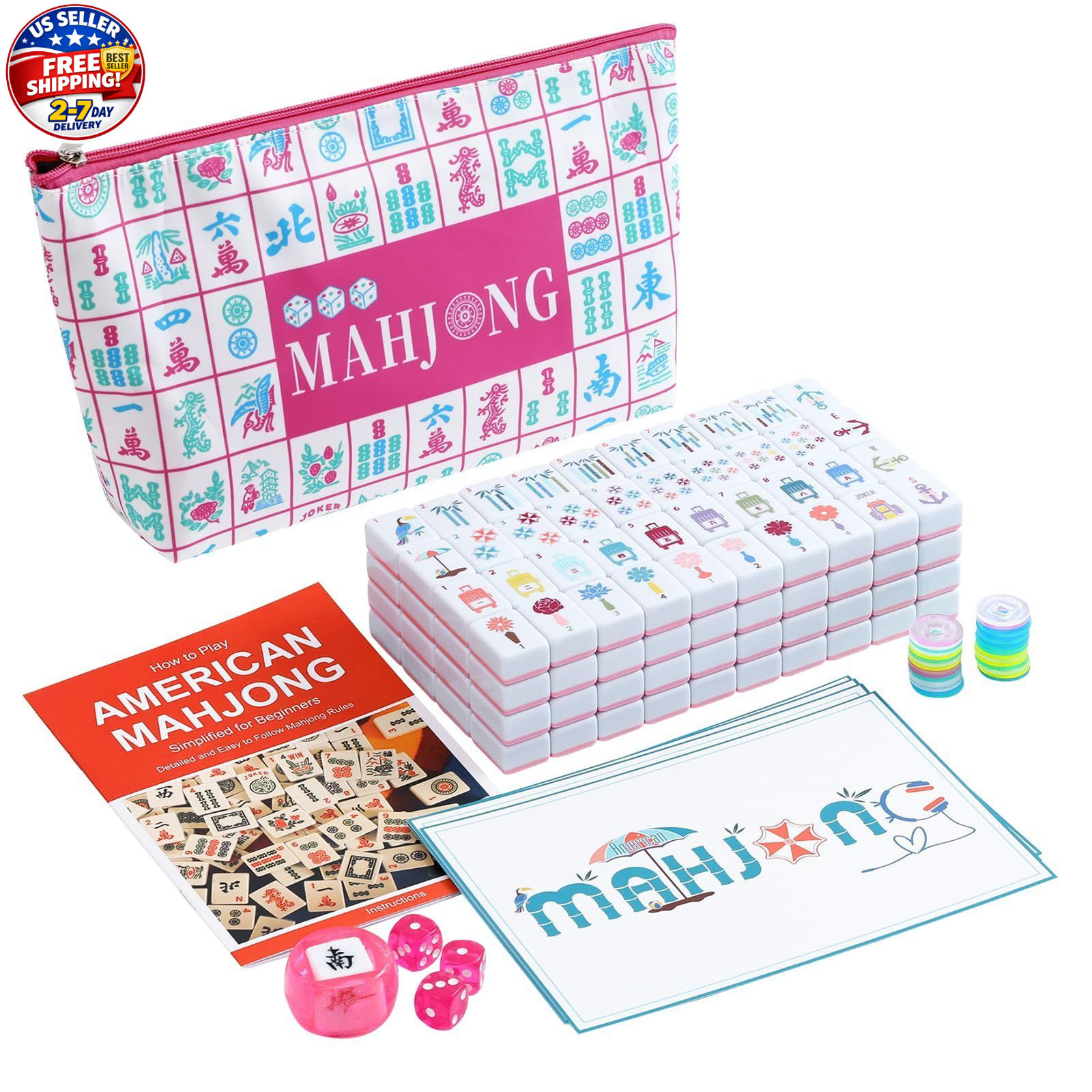 160 Pink American Printed Mahjong Game Set with Carrying Bag And Accessories 1.2