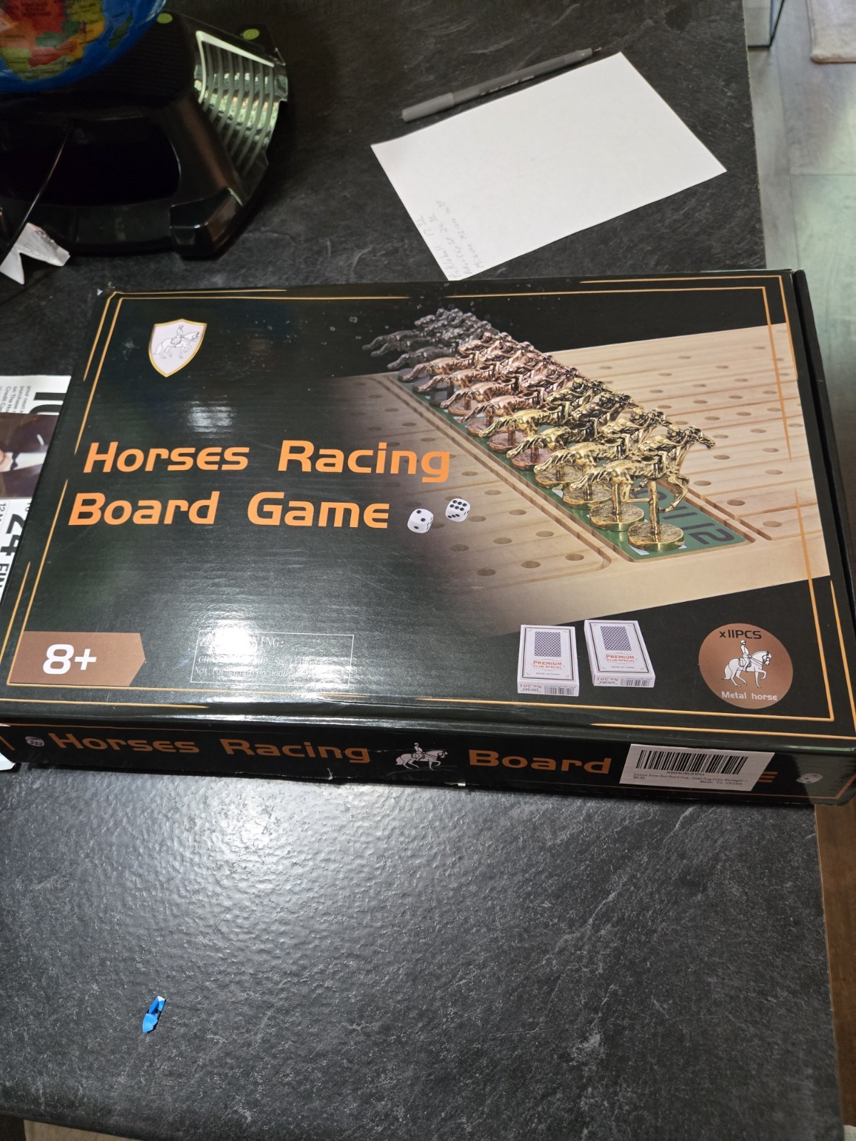 Horse Race Board Game with 11 Luxury Metal Horses, Dice, 2 Card Deck, Wood Board