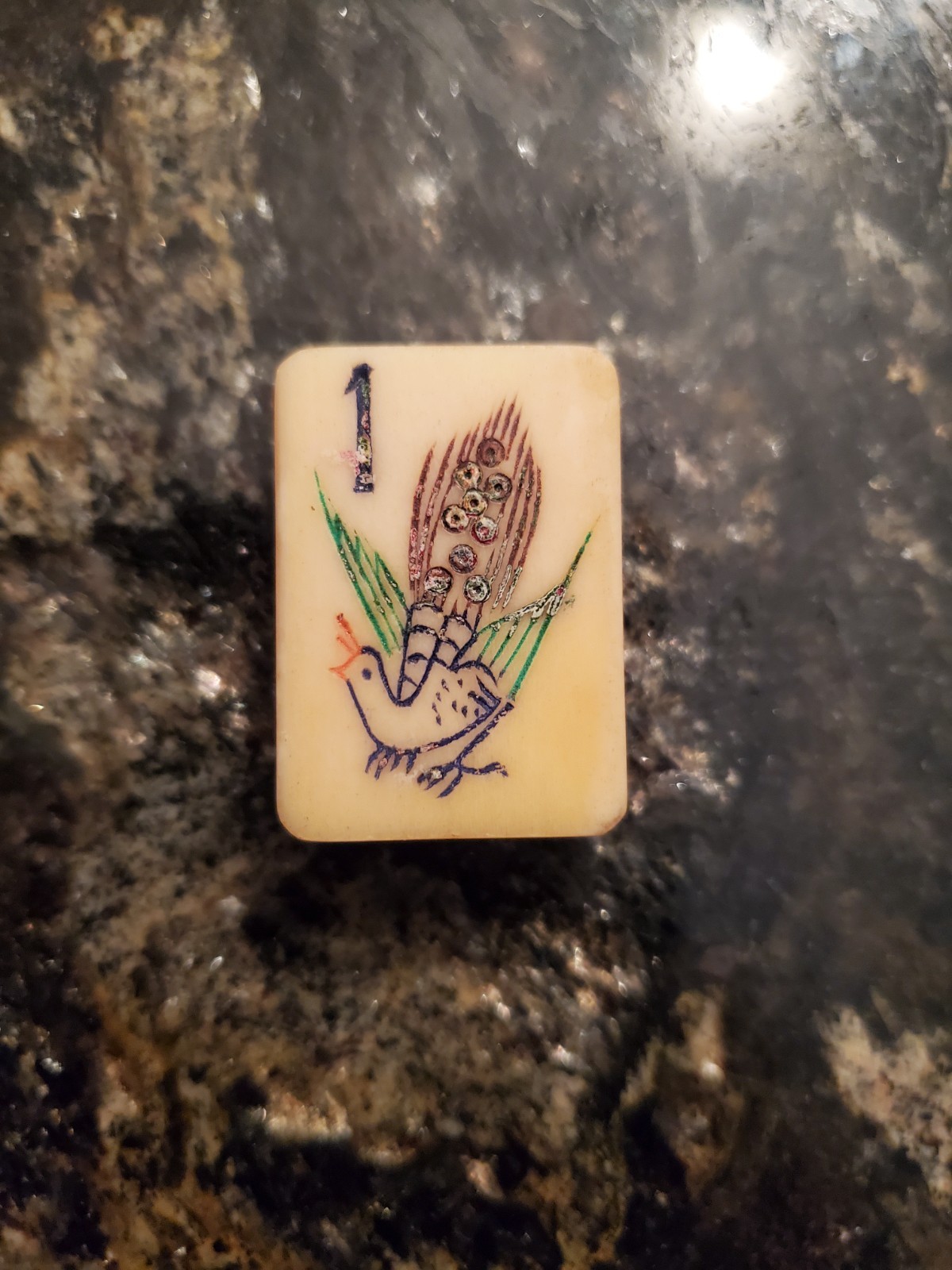 Vtg 1920s Bone & Bamboo Mahjong 1 Bam Replc/Add-on Tile 4-Color Peacock 1.125″