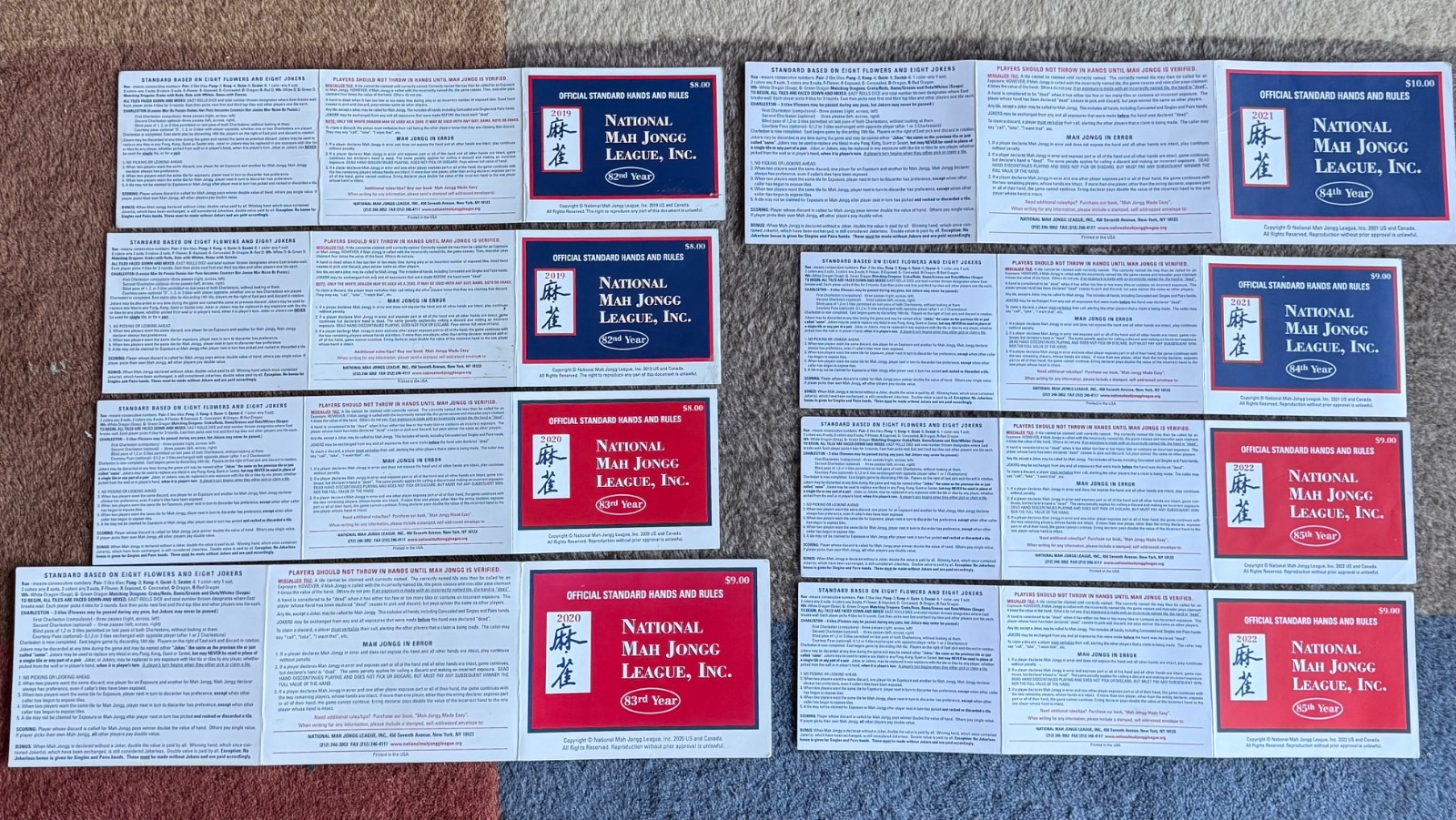 8 National Mah Jongg League Standard Hands And Rules Cards 2019 – 2022 (2 each)