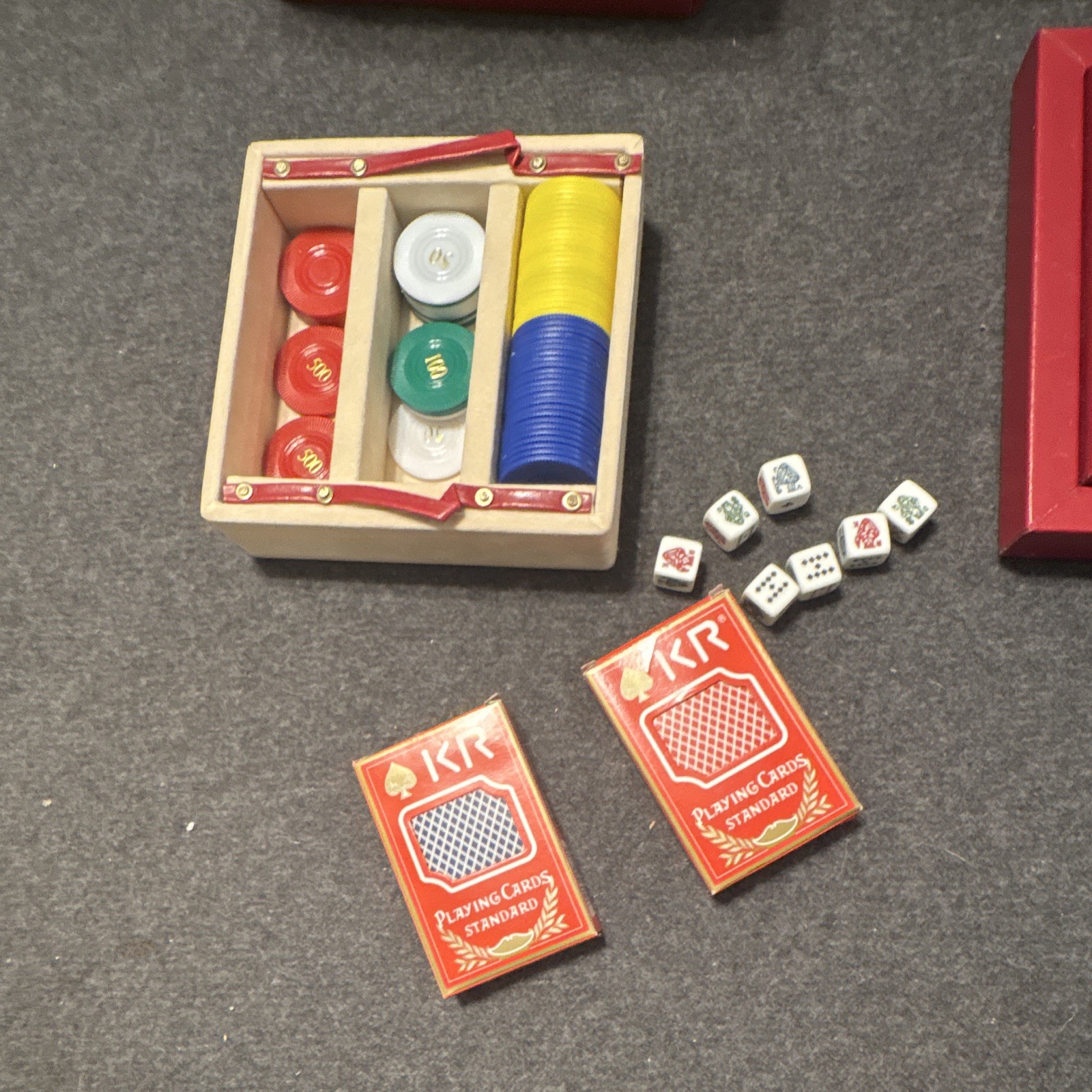 Red Dice-Shaped Travel Game Set w Board, Dominoes, Poker Chips, Cards & Dice