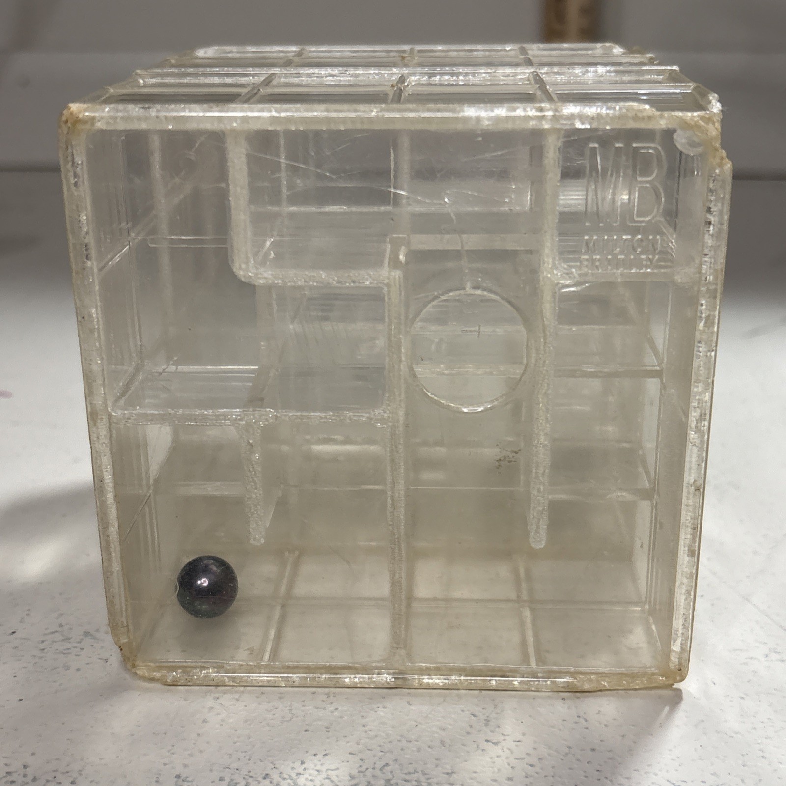 1960’s Milton Bradley Try-It Puzzle Maze Box Game 4″ Cube Vintage w/marble Works