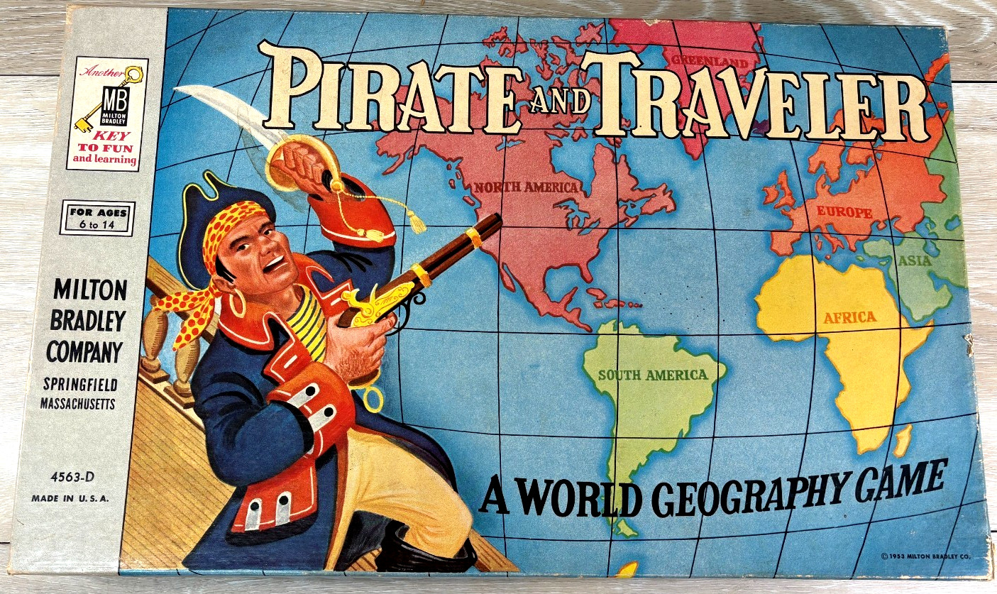 Vtg. 1953 PIRATE & TRAVELLER- A World Geography Board Game MB Complete #4563-D
