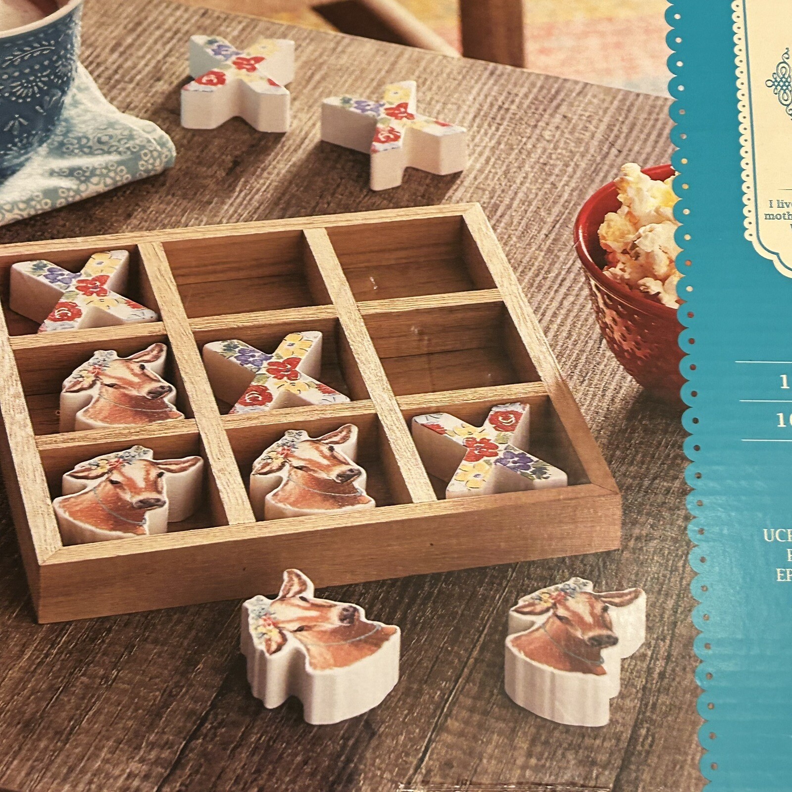 Pioneer Woman Tic Tac Toe Game Floral Cow Wooden Board 8″W x 8″L New Open Box