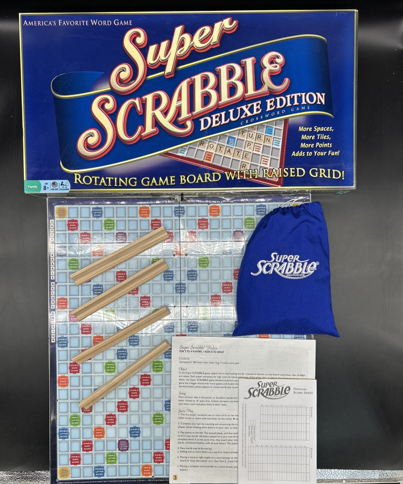 Super Scrabble Deluxe Edition Rotating 200 Tile Folding Board Complete
