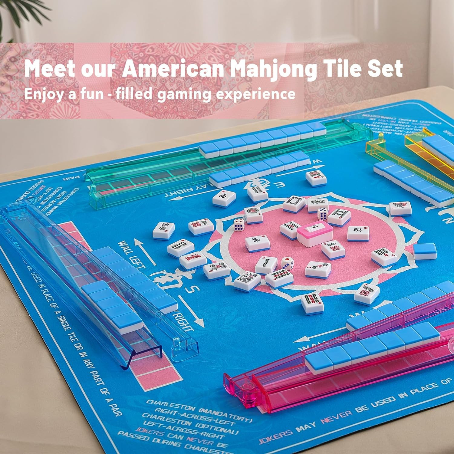 American Mahjong Tile Set with Pink Printed Carrying Bag, 166 Blue Tiles, 4 All-