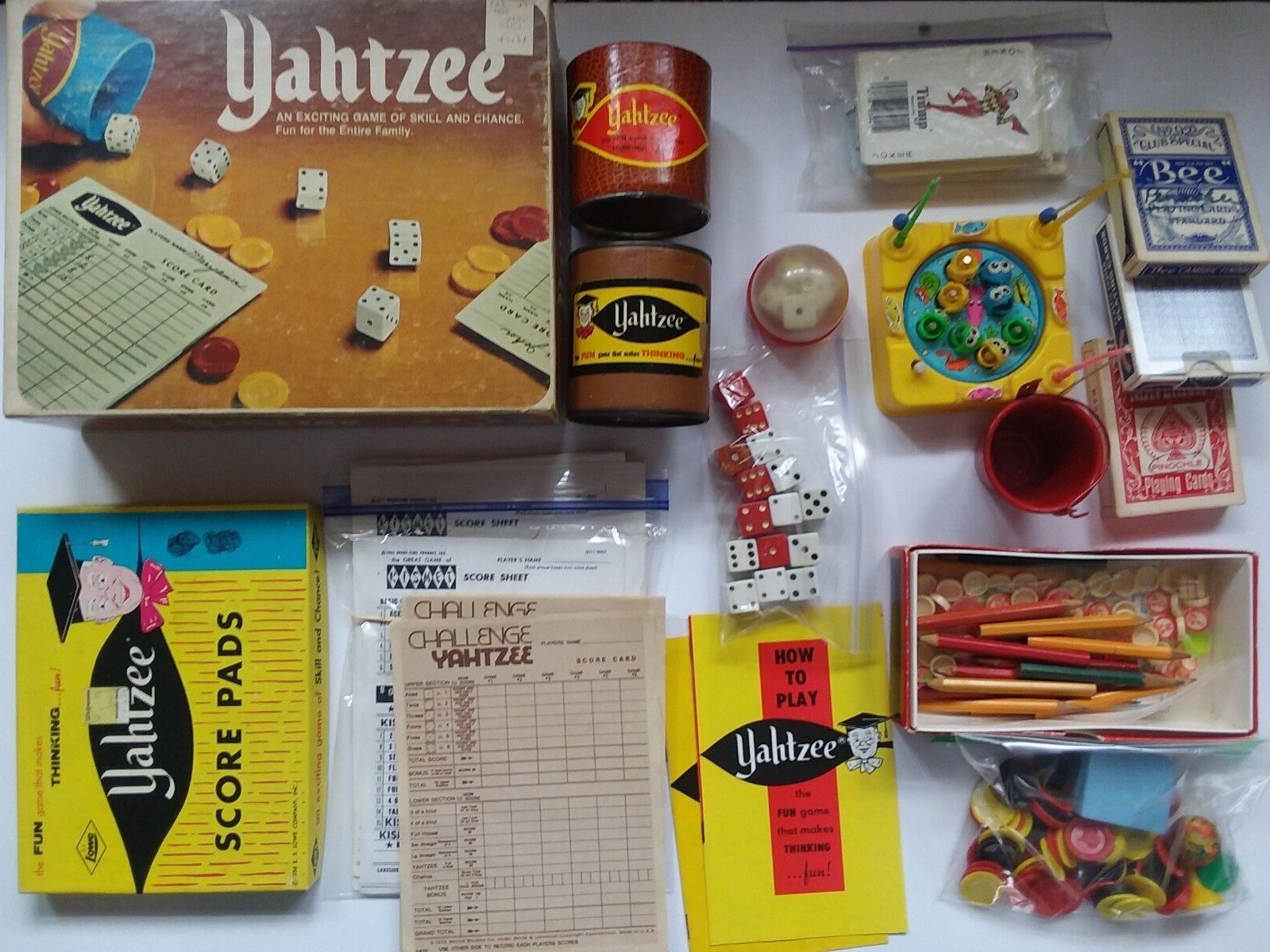 Vintage YAHTZEE Replacement Lot + Extras Cards Dice Bingo Kismet Chips Fishing  
